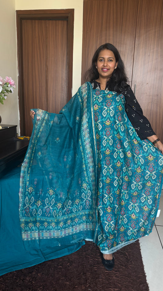 Cyan Blue Mul Chanderi Uzbek-Ikkat Print Suit Set-3 Piece