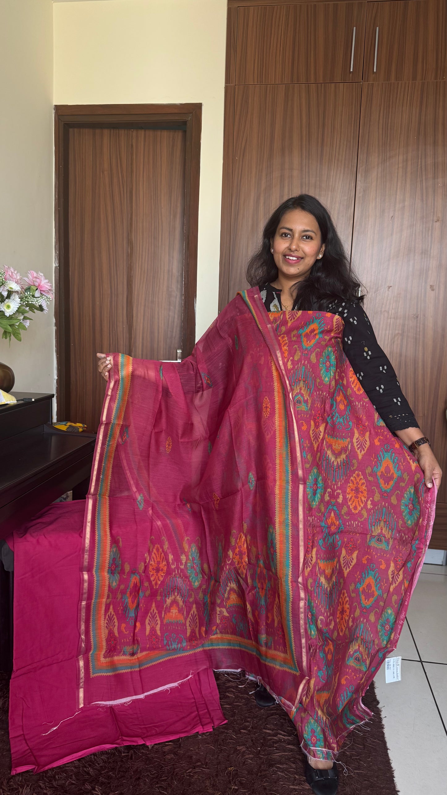 Gajri Pink Mul Chanderi Uzbek-Ikkat Print Suit Set-3 Piece