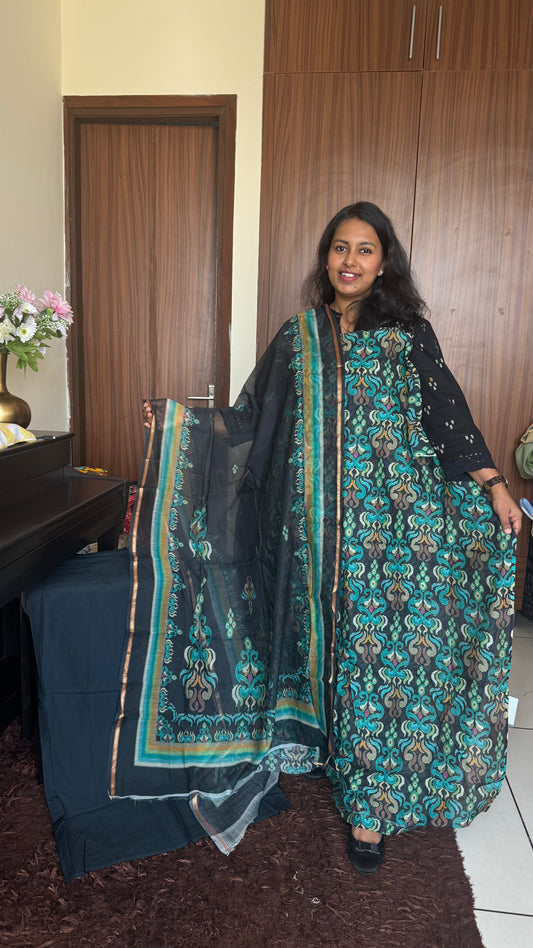 Algae Black Mul Chanderi Uzbek-Ikkat Print Suit Set-3 Piece