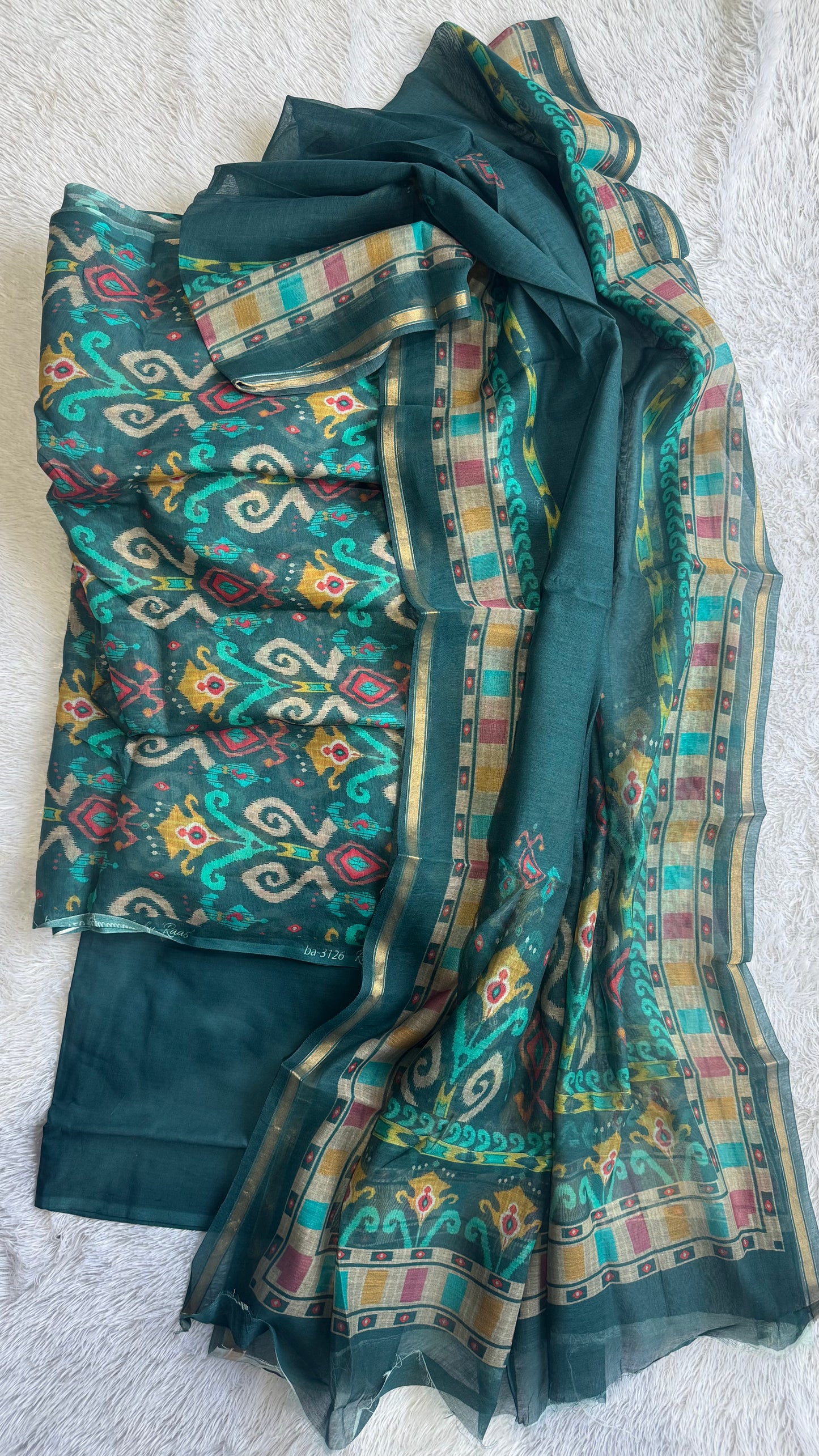 Royal Blue Mul Chanderi Uzbek-Ikkat Print Suit Set-3 Piece