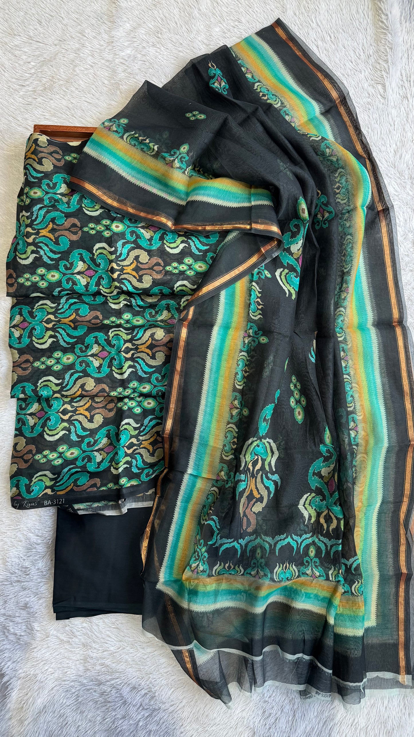 Algae Black Mul Chanderi Uzbek-Ikkat Print Suit Set-3 Piece
