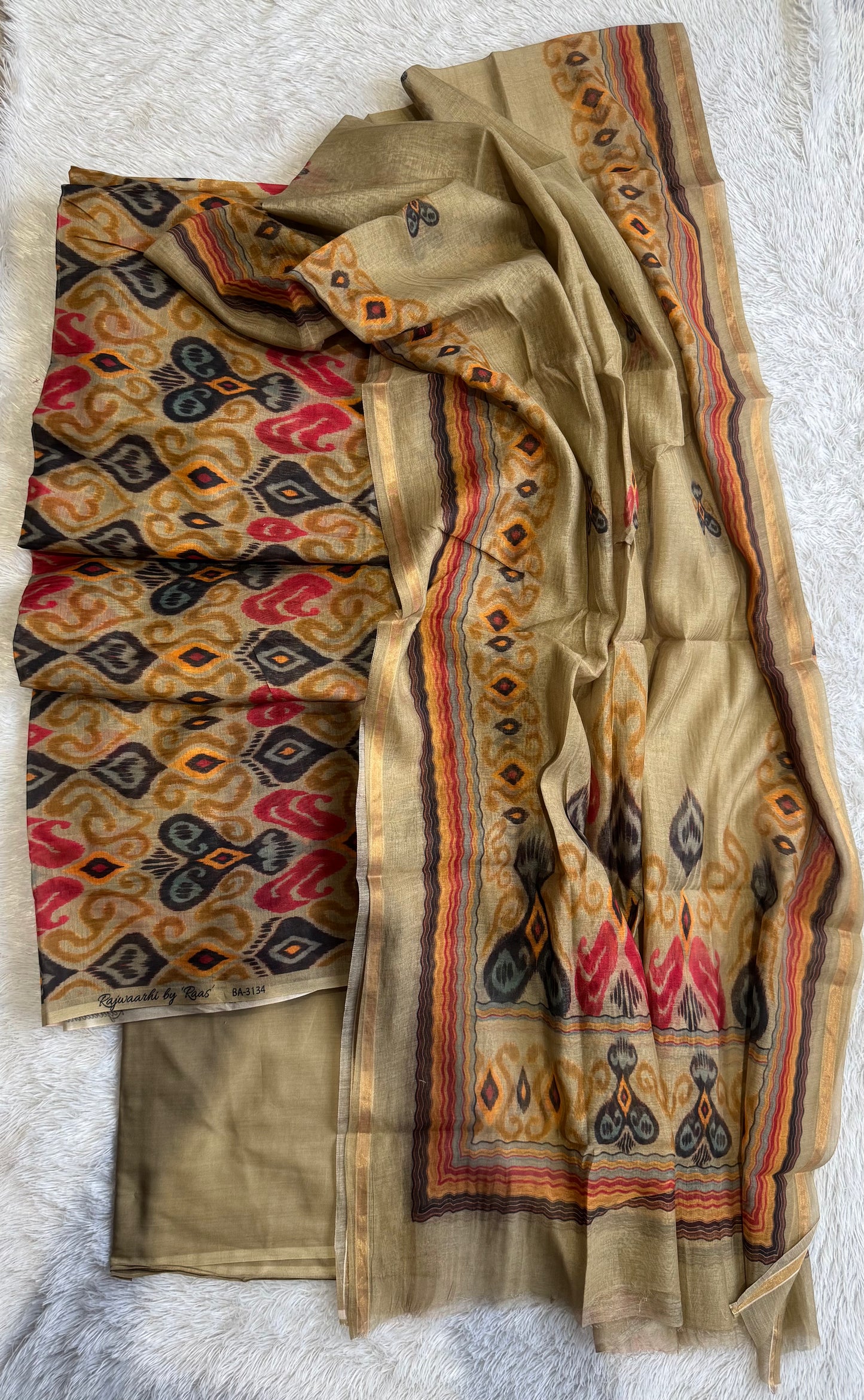Beige Mul Chanderi Uzbek-Ikkat Print Suit Set-3 Piece