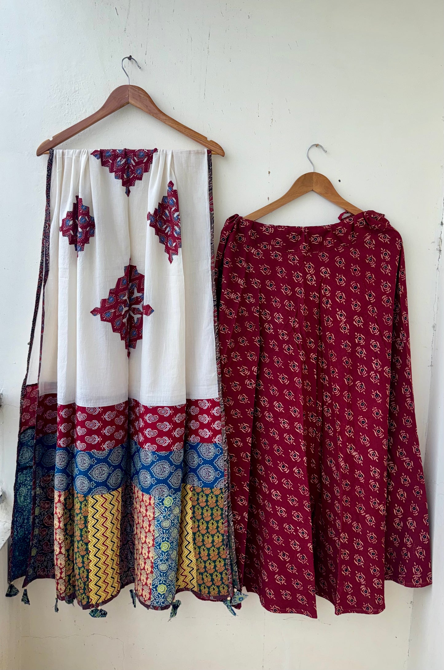Red Shade Pure Cotton Ajrakh Skirts with Applique Ajrakh Dupatta