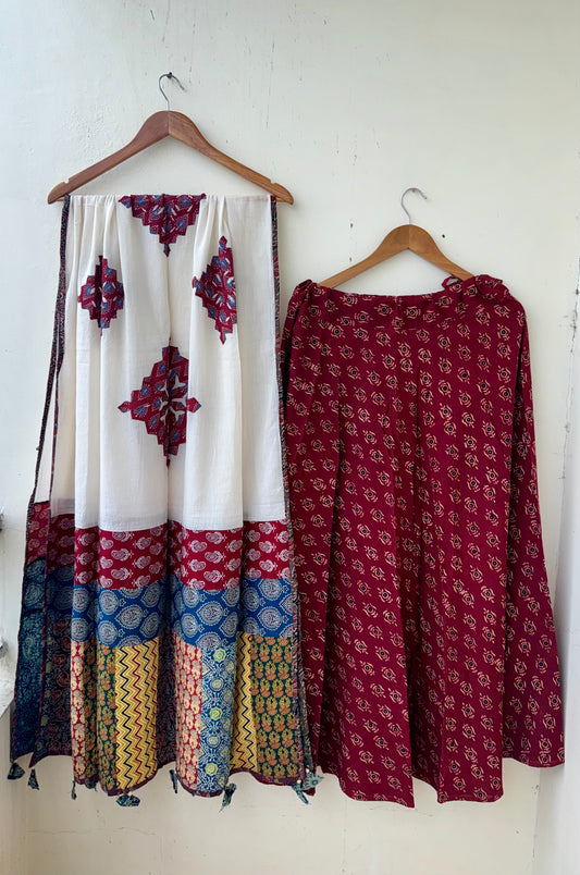 Red Shade Pure Cotton Ajrakh Skirts with Applique Ajrakh Dupatta