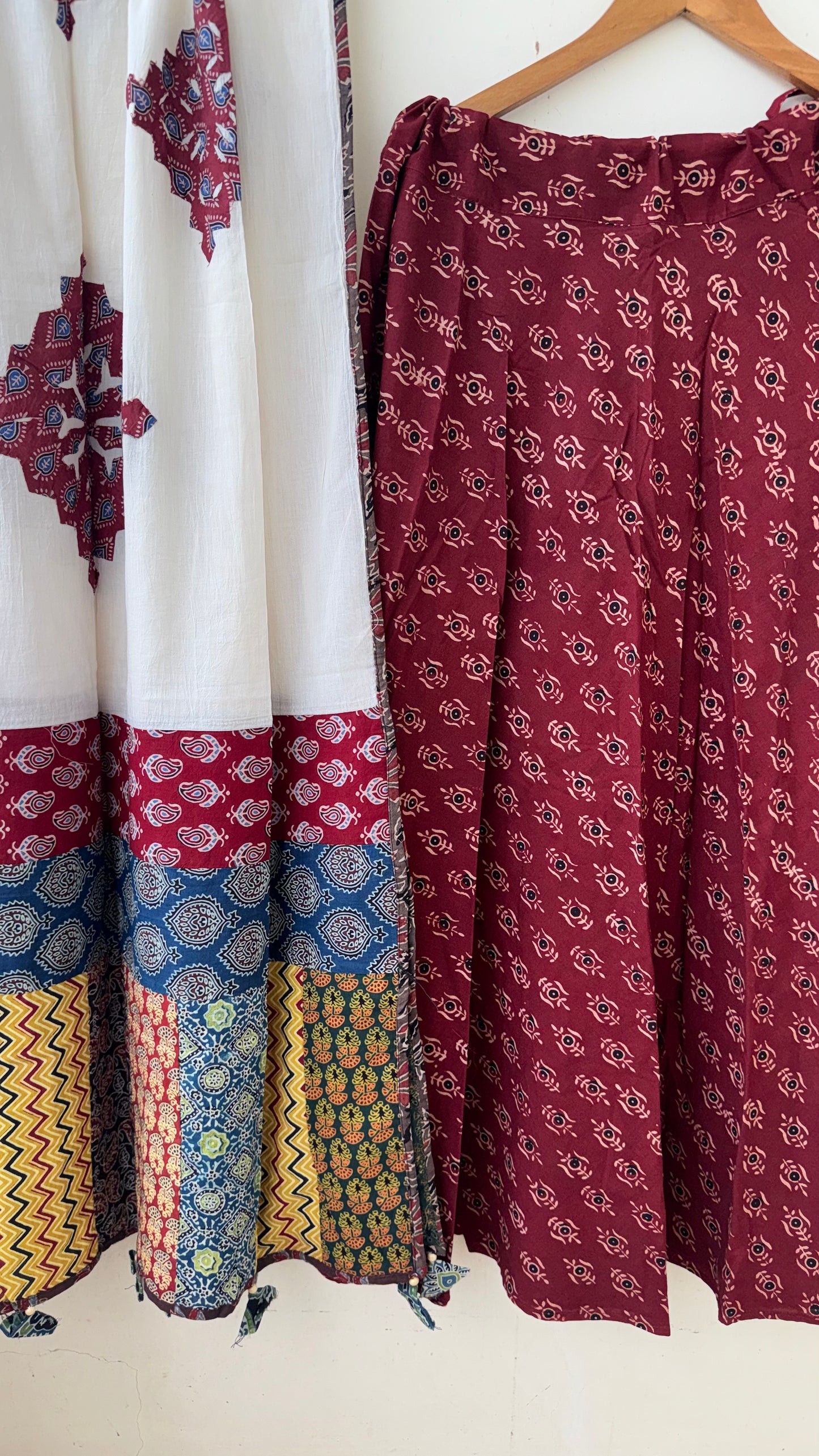 Red Shade Pure Cotton Ajrakh Skirts with Applique Ajrakh Dupatta