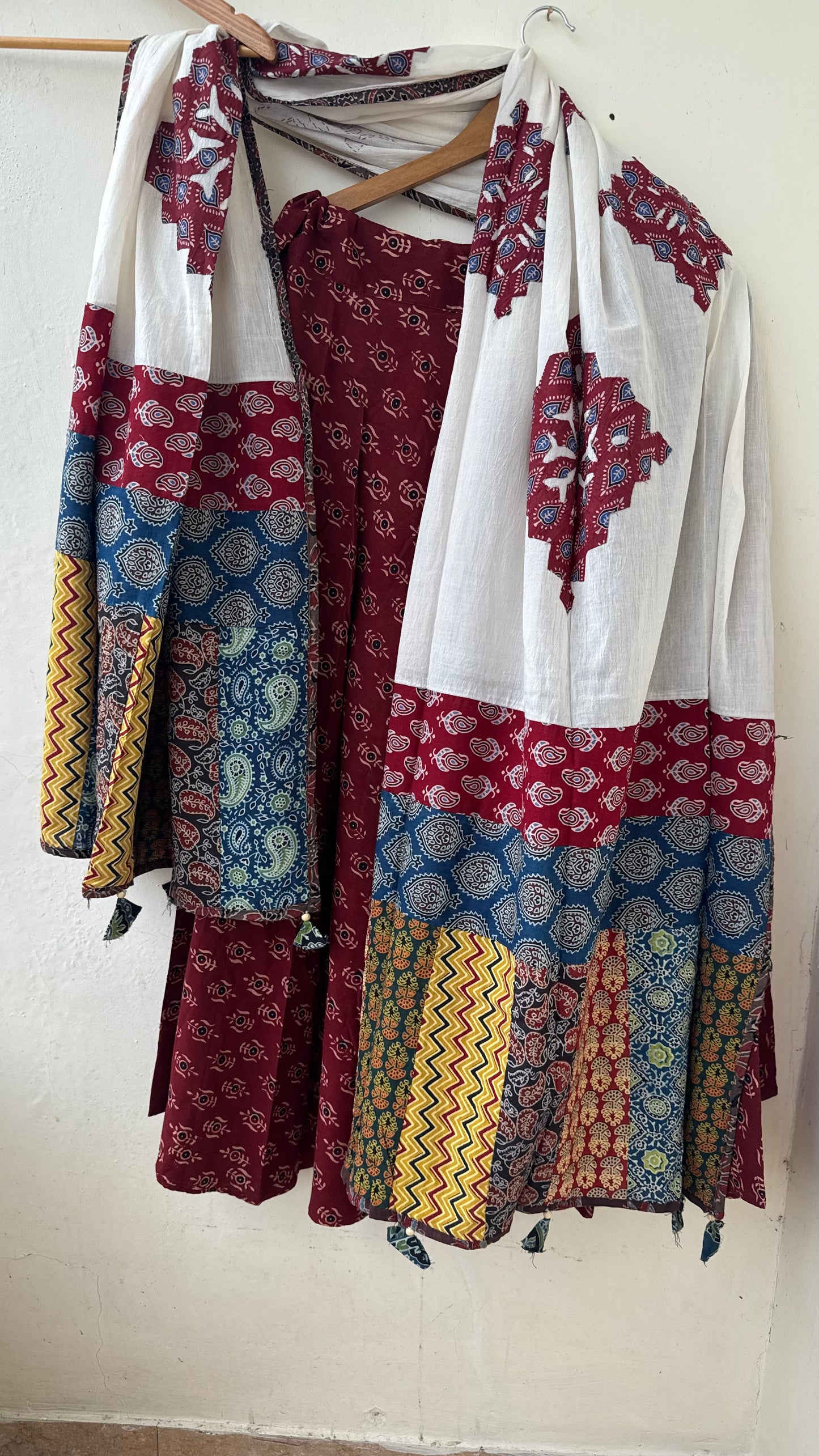 Red Shade Pure Cotton Ajrakh Skirts with Applique Ajrakh Dupatta