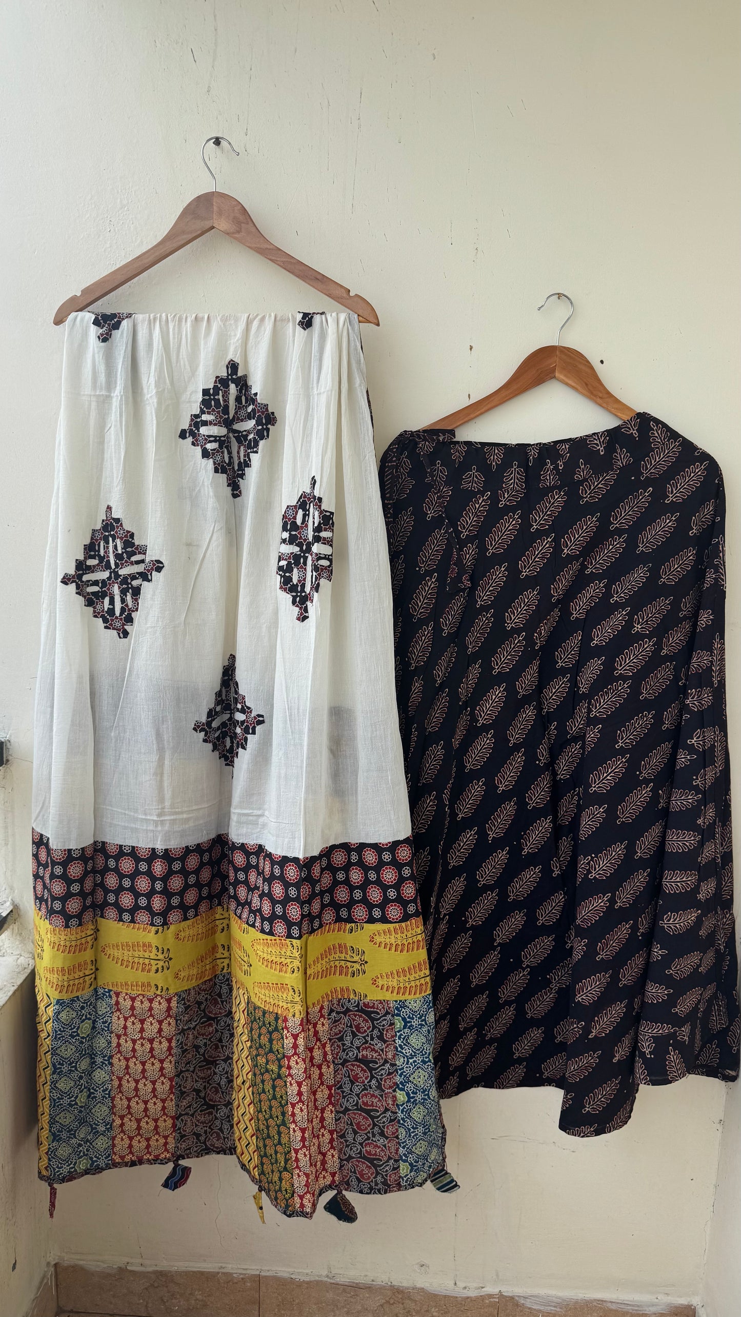 Black Shade Pure Cotton Ajrakh Skirts with Applique Ajrakh Dupatta