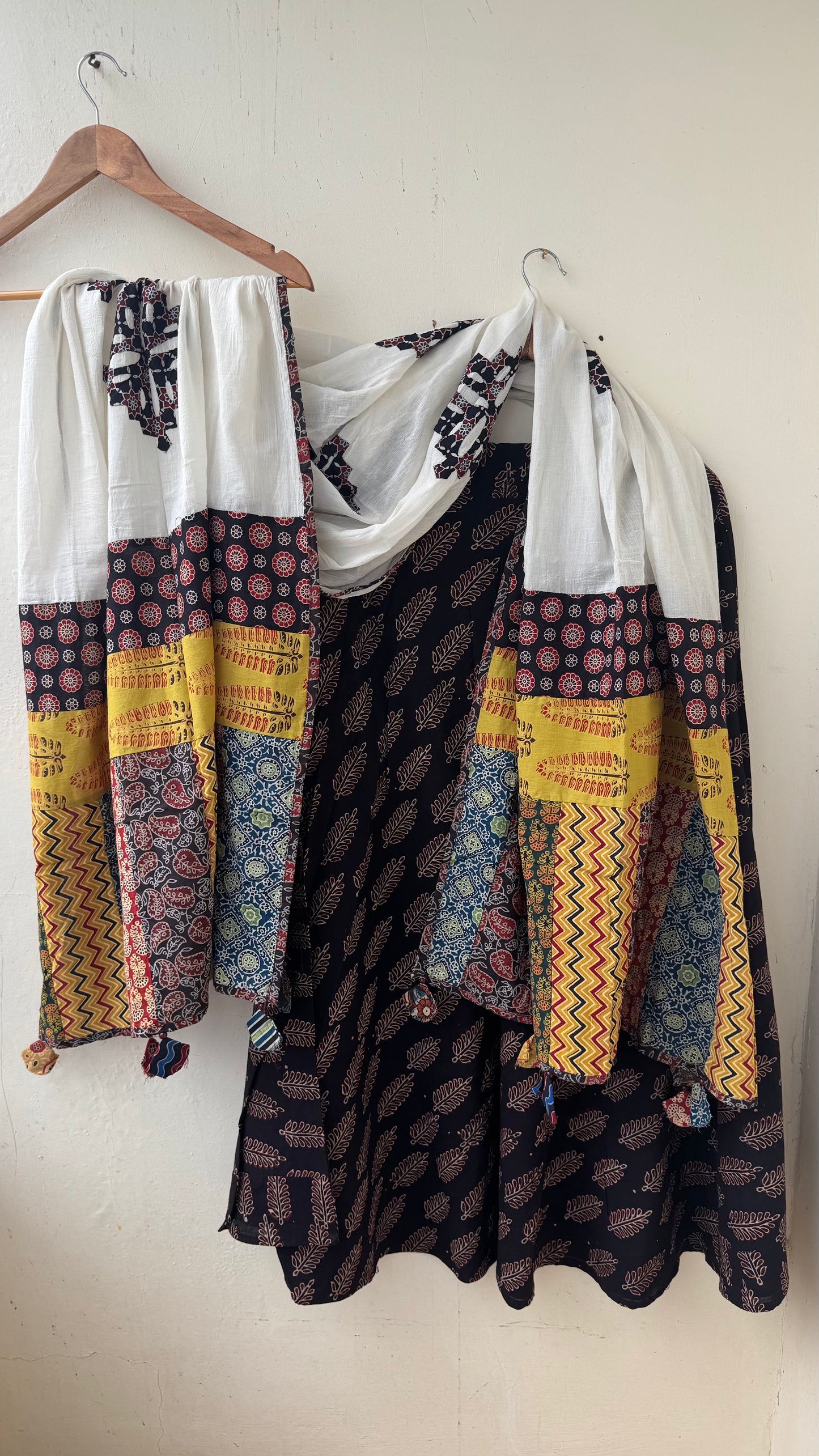 Black Shade Pure Cotton Ajrakh Skirts with Applique Ajrakh Dupatta