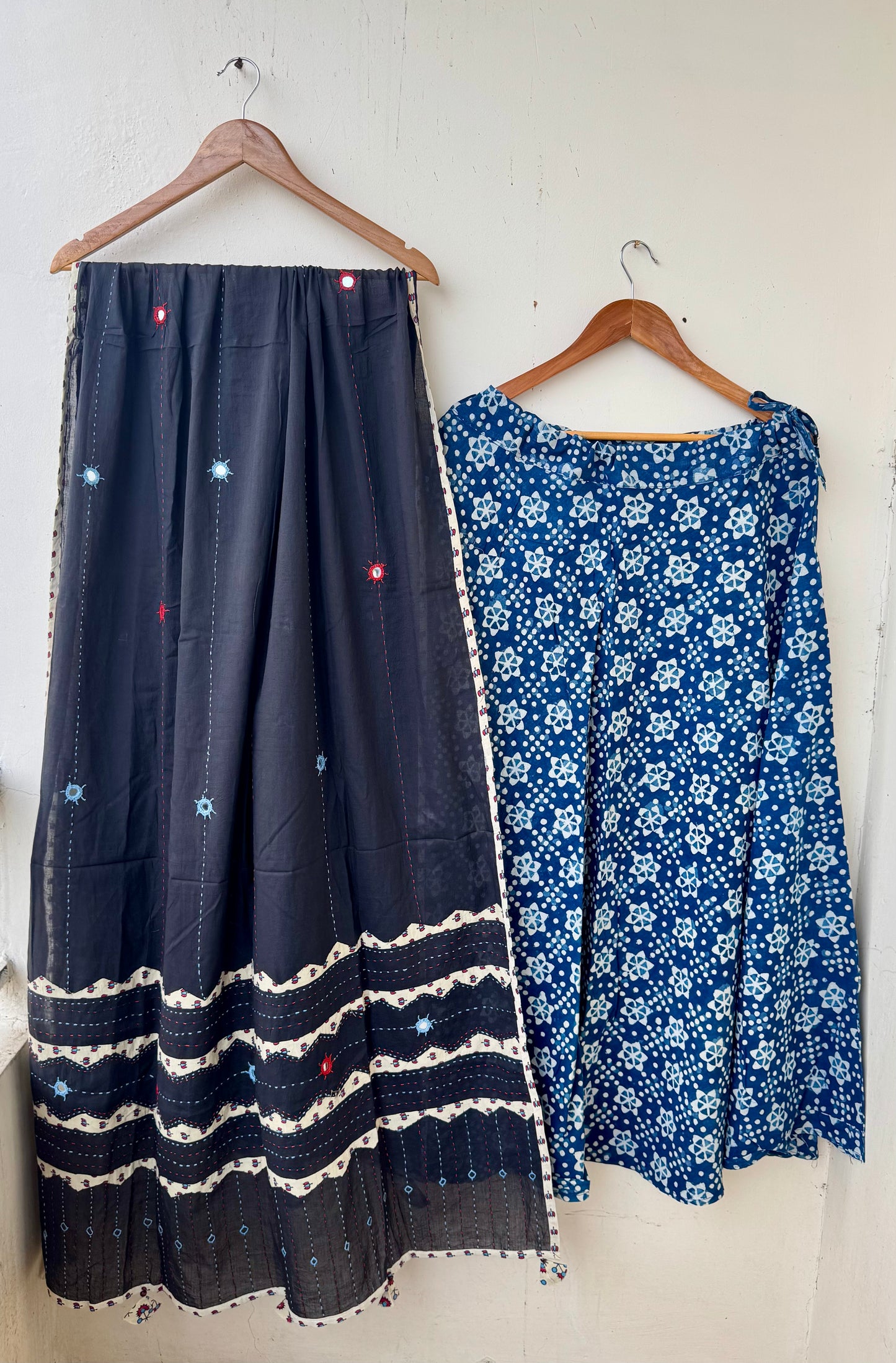 Blue Shade Pure Cotton Ajrakh Skirts with Applique Ajrakh Dupatta