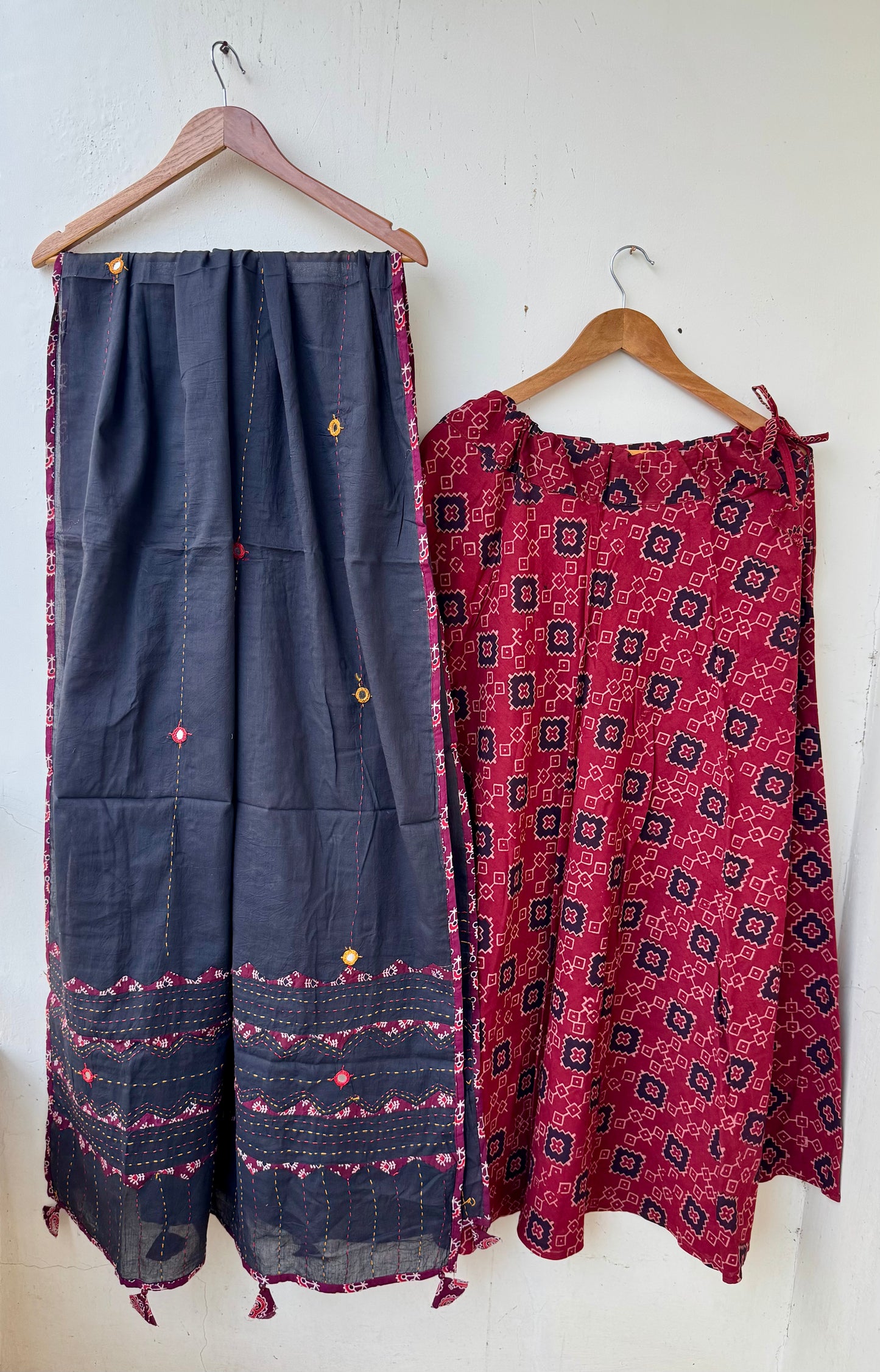 Red Shade Pure Cotton Ajrakh Skirt with Applique Ajrakh MirrorWork Dupatta