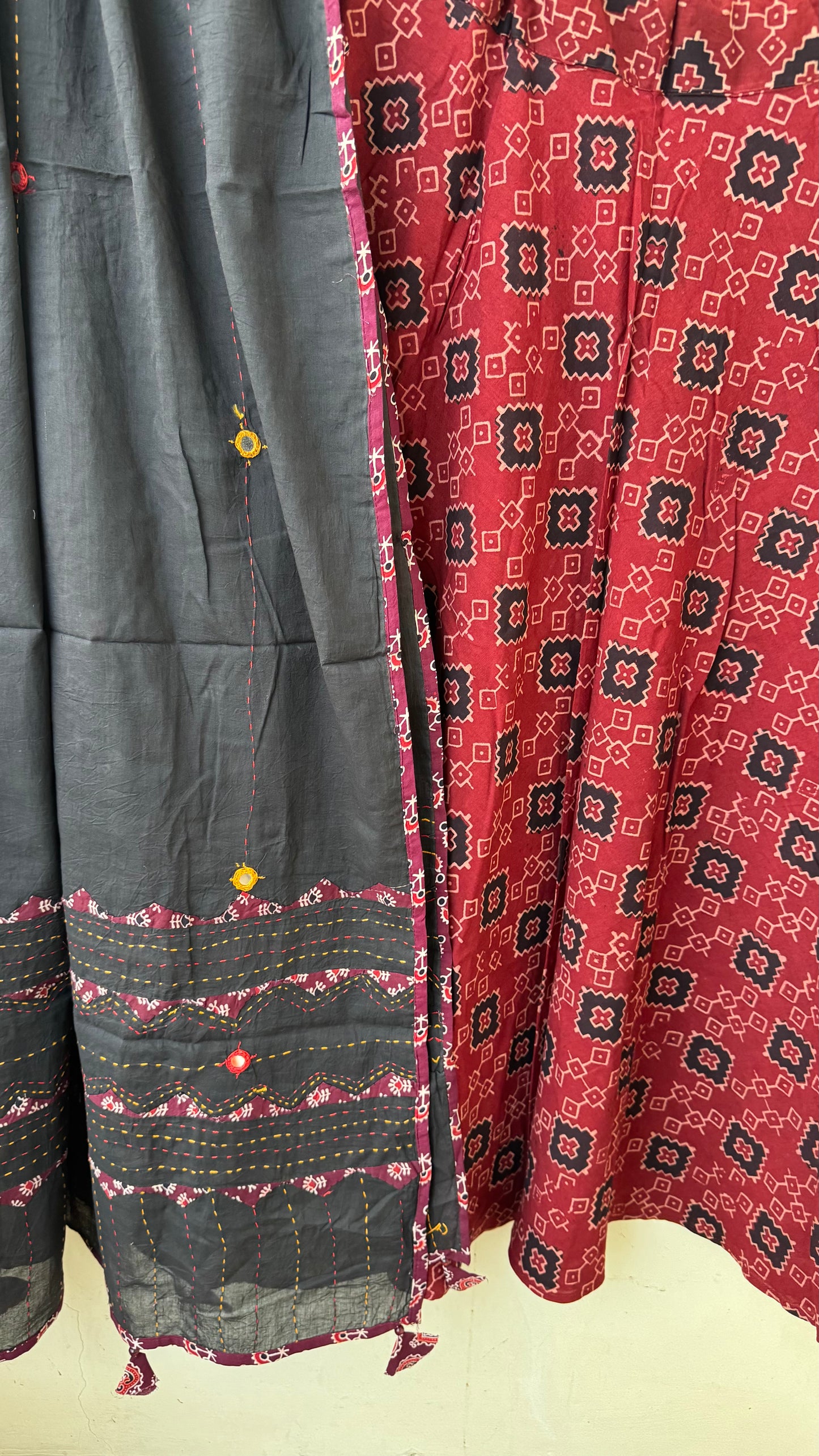 Red Shade Pure Cotton Ajrakh Skirt with Applique Ajrakh MirrorWork Dupatta