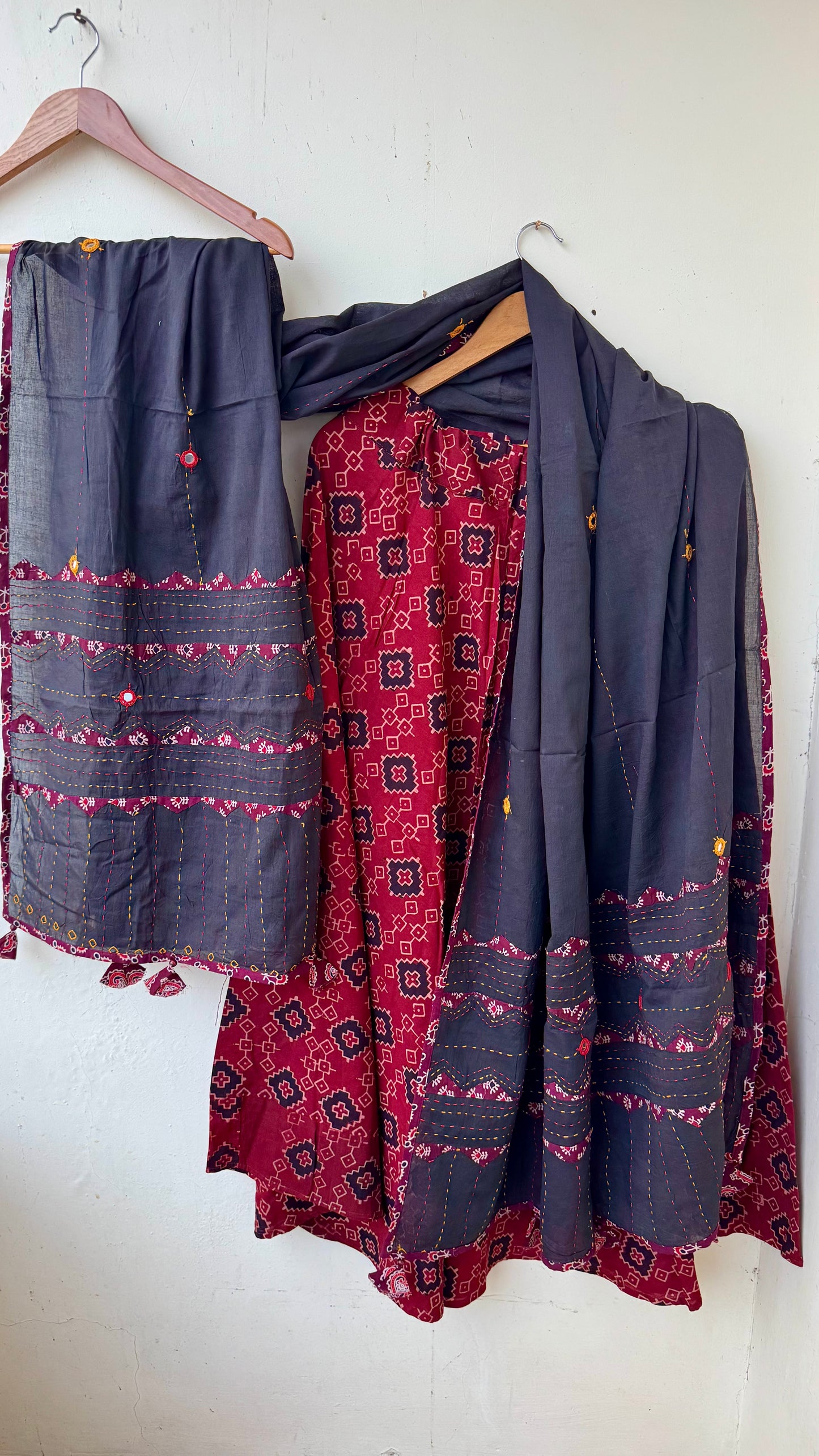 Red Shade Pure Cotton Ajrakh Skirt with Applique Ajrakh MirrorWork Dupatta