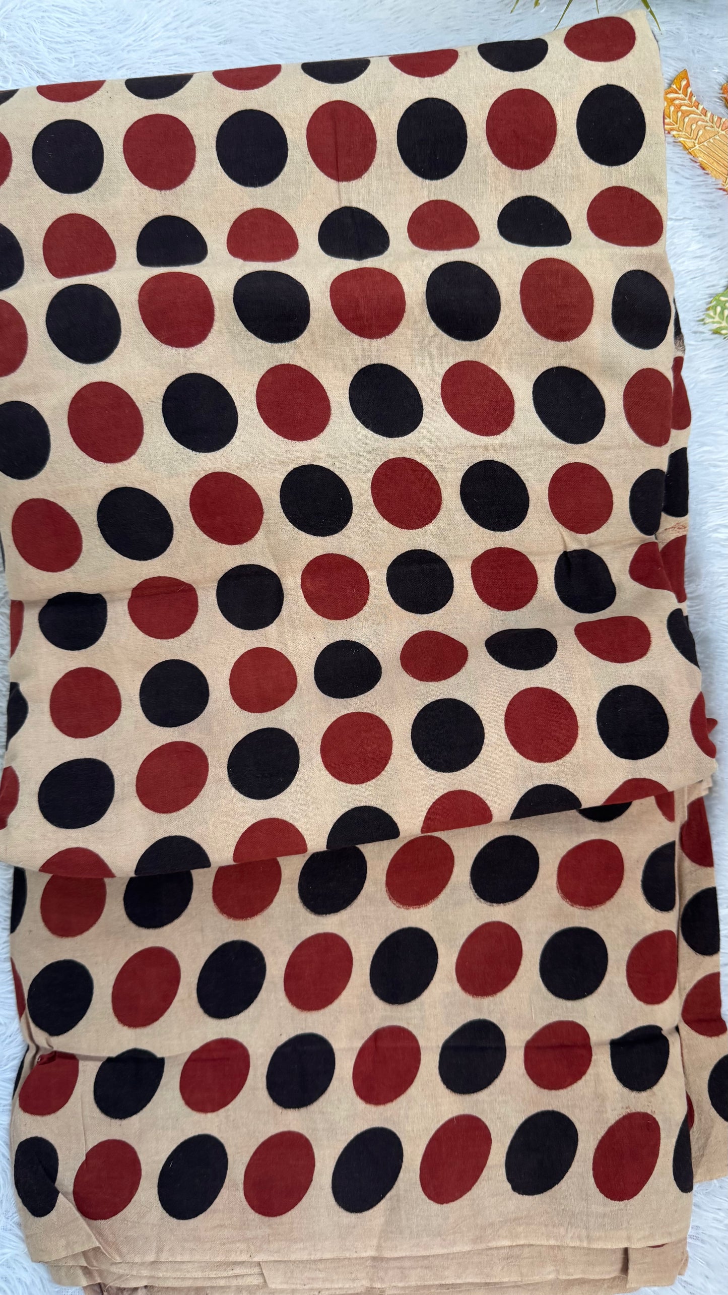 Beige Shade Circle Motif Ajrakh Hand Blocked Natural Dyed Cotton Fabric