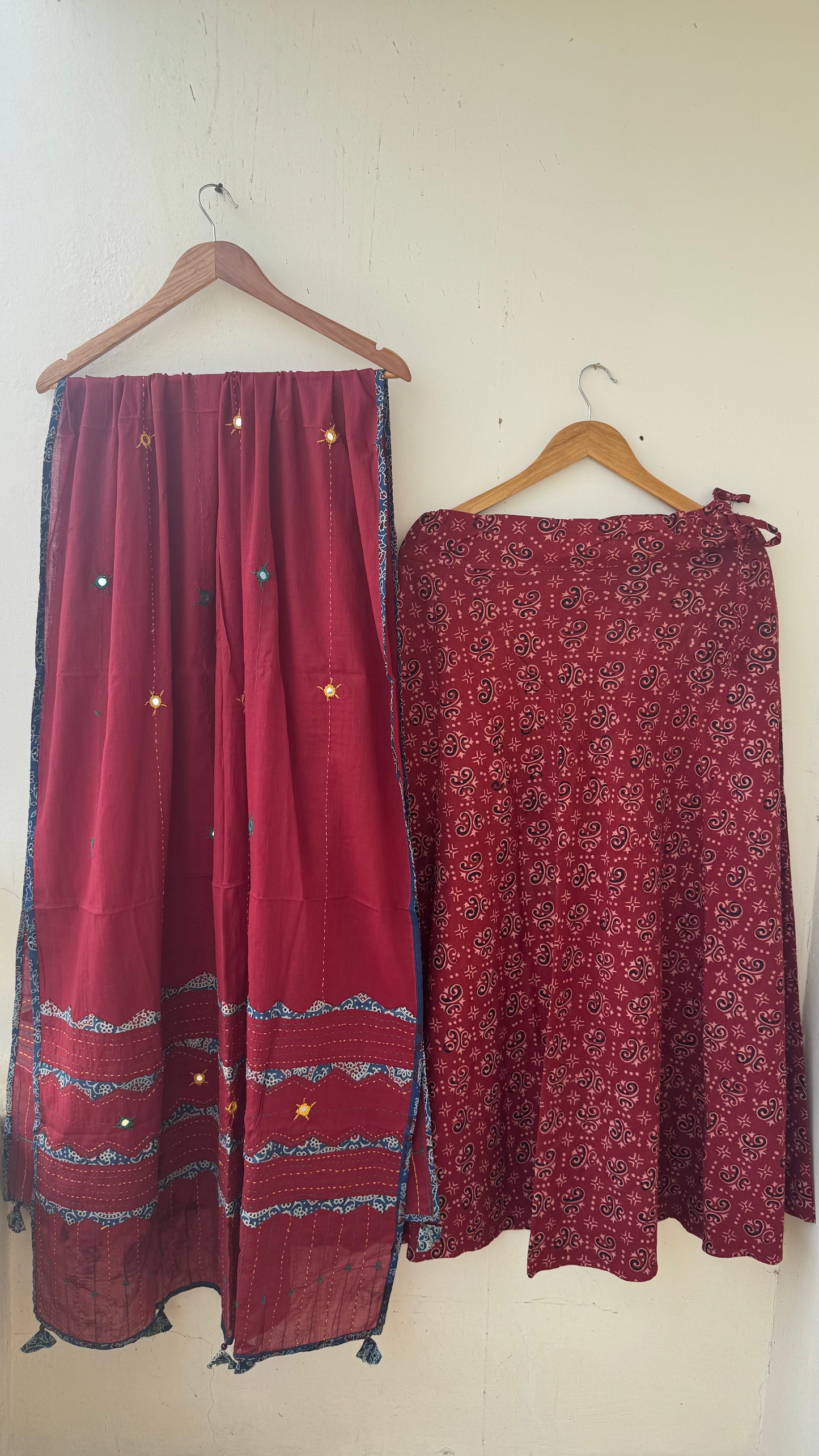 Red Shade Pure Cotton Ajrakh Skirt with Applique Ajrakh MirrorWork Dupatta