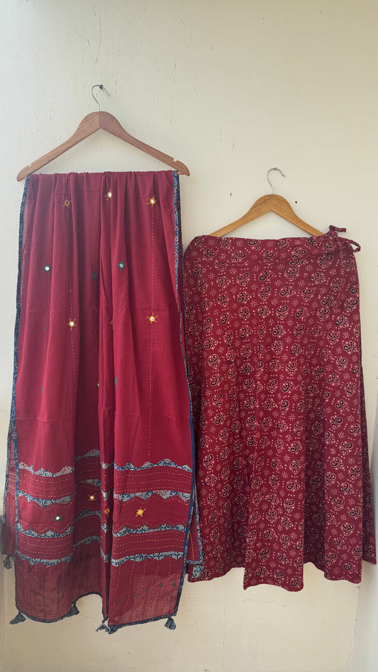 Red Shade Pure Cotton Ajrakh Skirt with Applique Ajrakh MirrorWork Dupatta