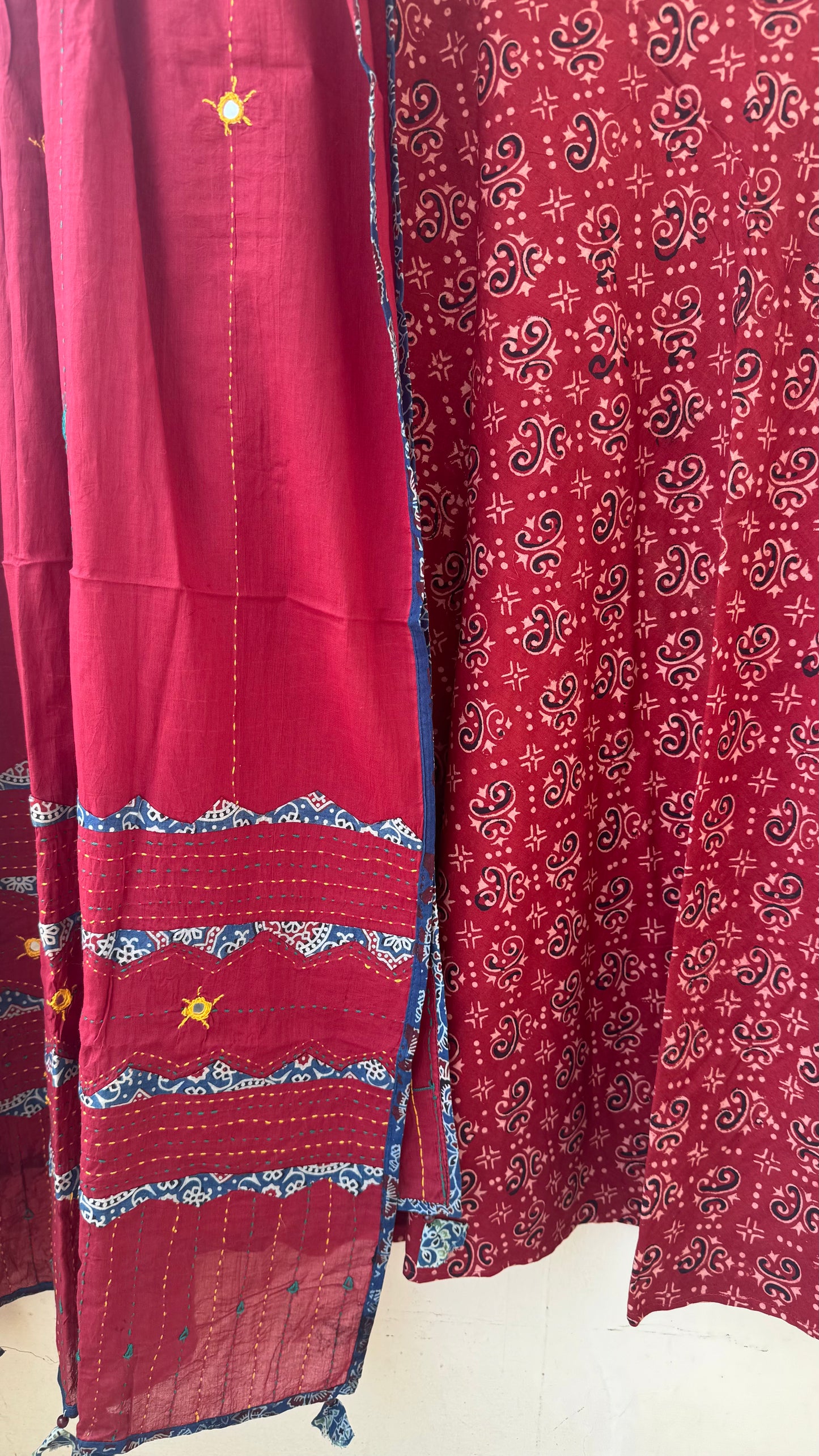 Red Shade Pure Cotton Ajrakh Skirt with Applique Ajrakh MirrorWork Dupatta