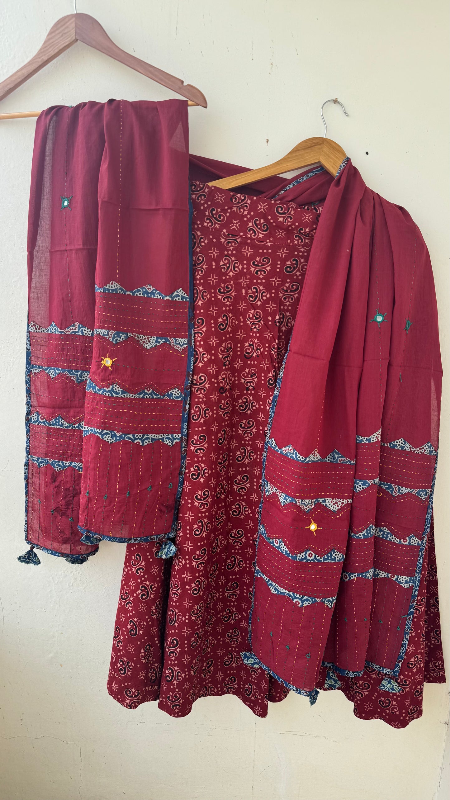 Red Shade Pure Cotton Ajrakh Skirt with Applique Ajrakh MirrorWork Dupatta