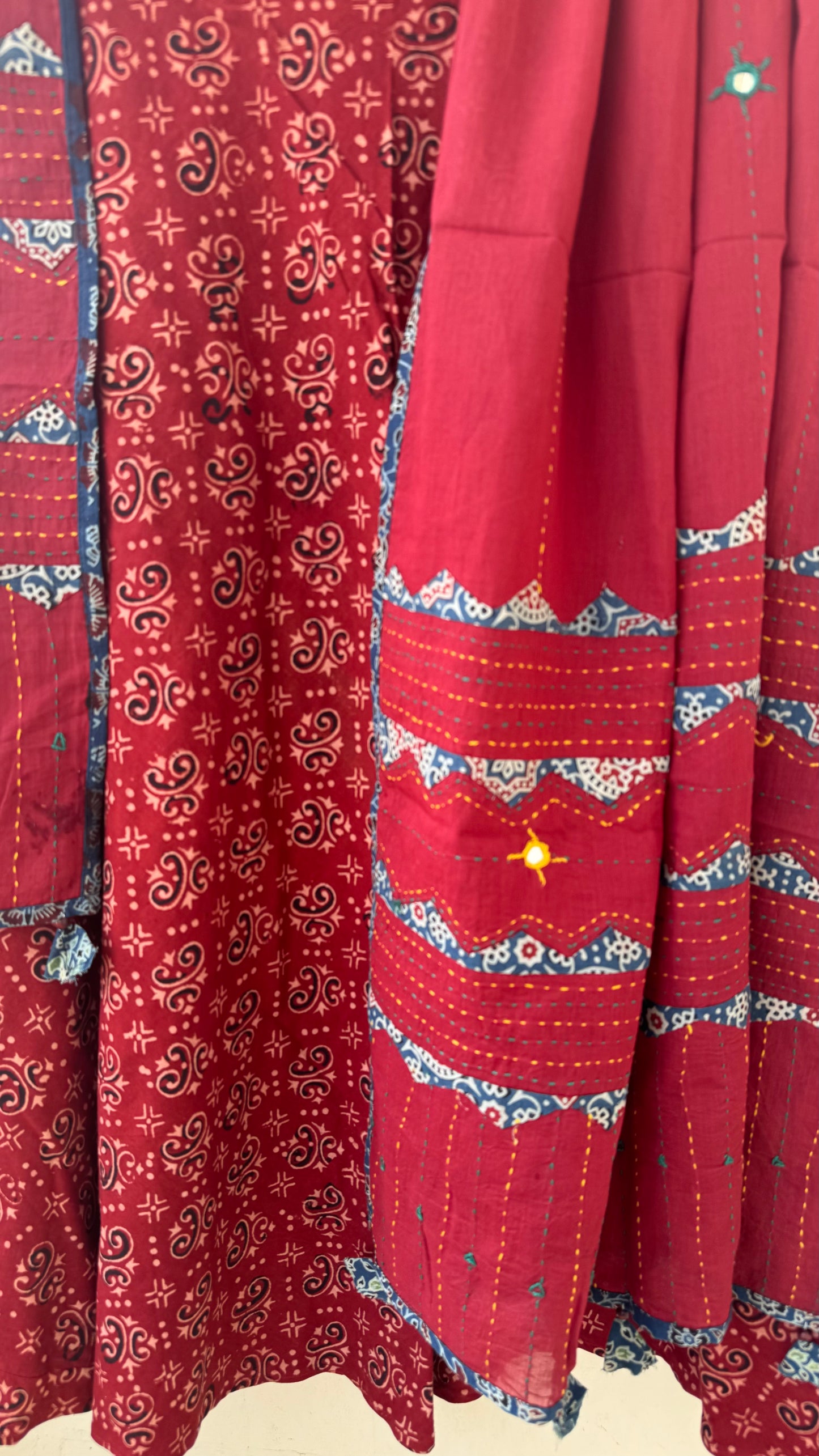 Red Shade Pure Cotton Ajrakh Skirt with Applique Ajrakh MirrorWork Dupatta
