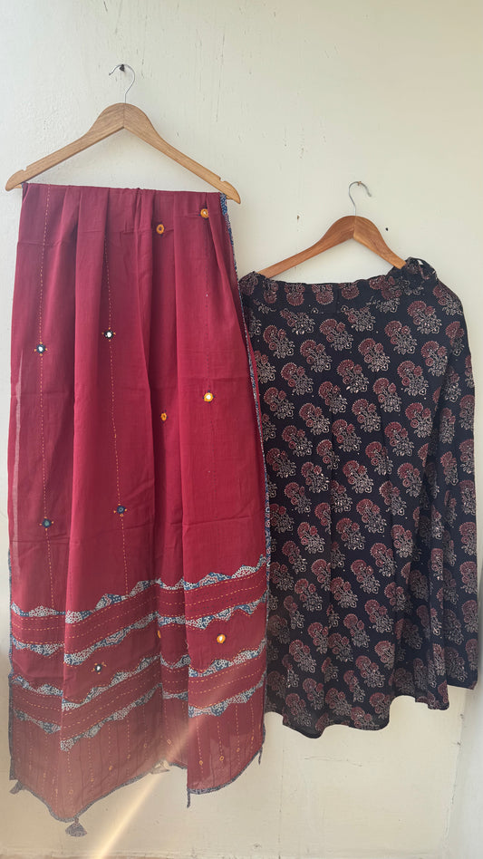 Black Shade Pure Cotton Ajrakh Skirt with Applique Ajrakh MirrorWork Dupatta (Copy)