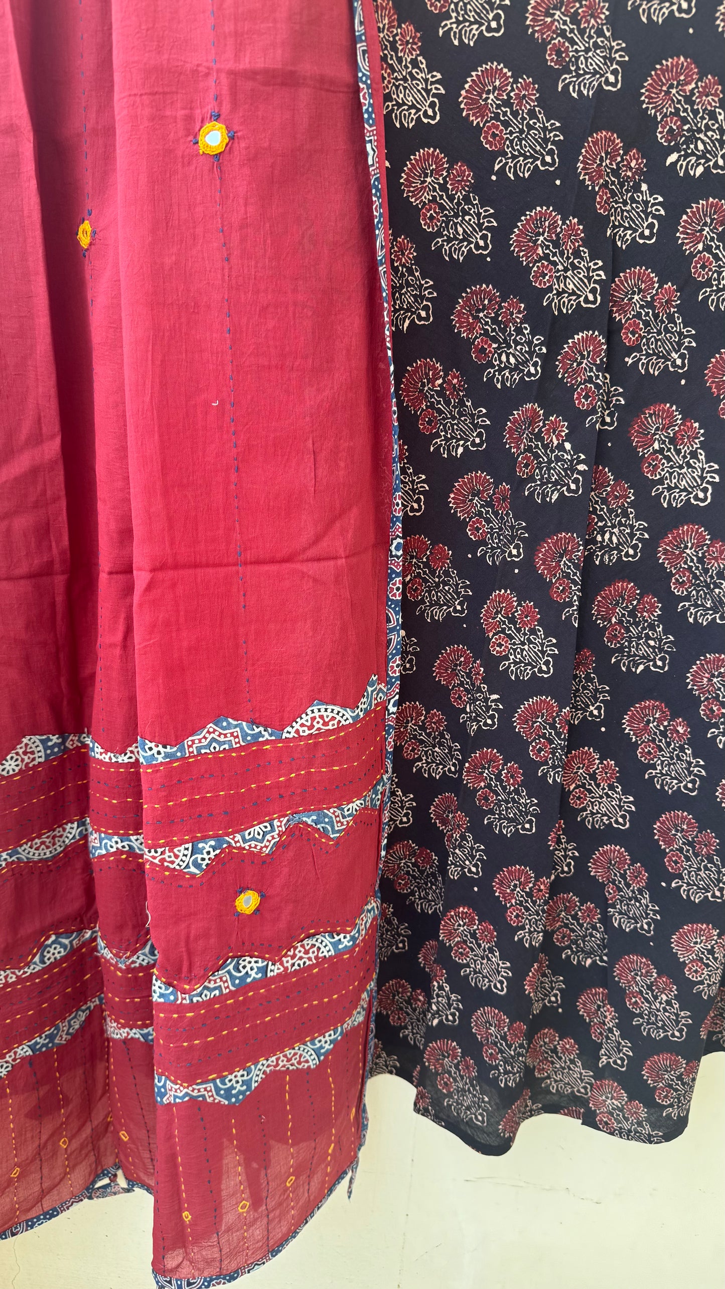 Black Shade Pure Cotton Ajrakh Skirt with Applique Ajrakh MirrorWork Dupatta (Copy)