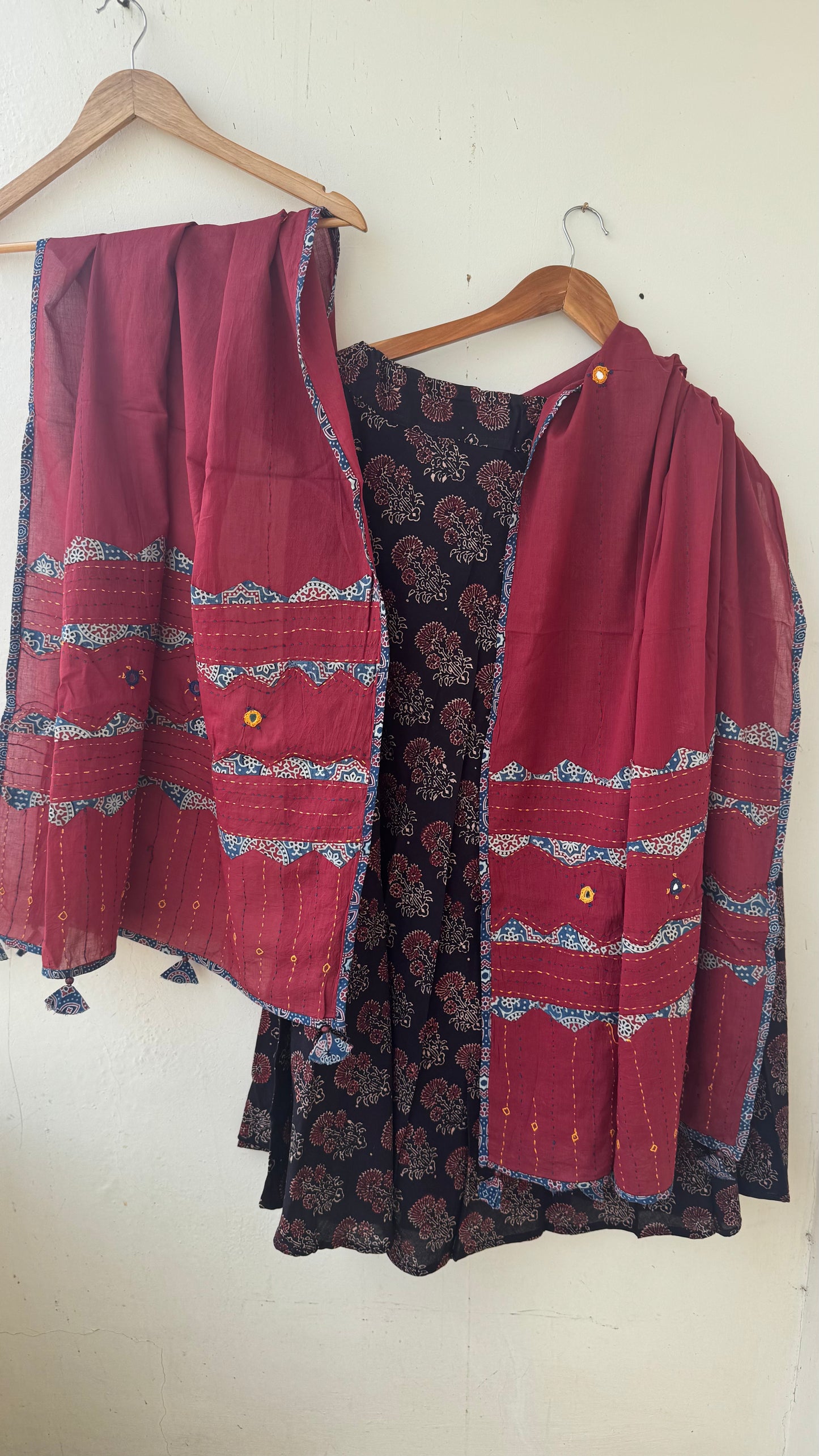 Black Shade Pure Cotton Ajrakh Skirt with Applique Ajrakh MirrorWork Dupatta (Copy)