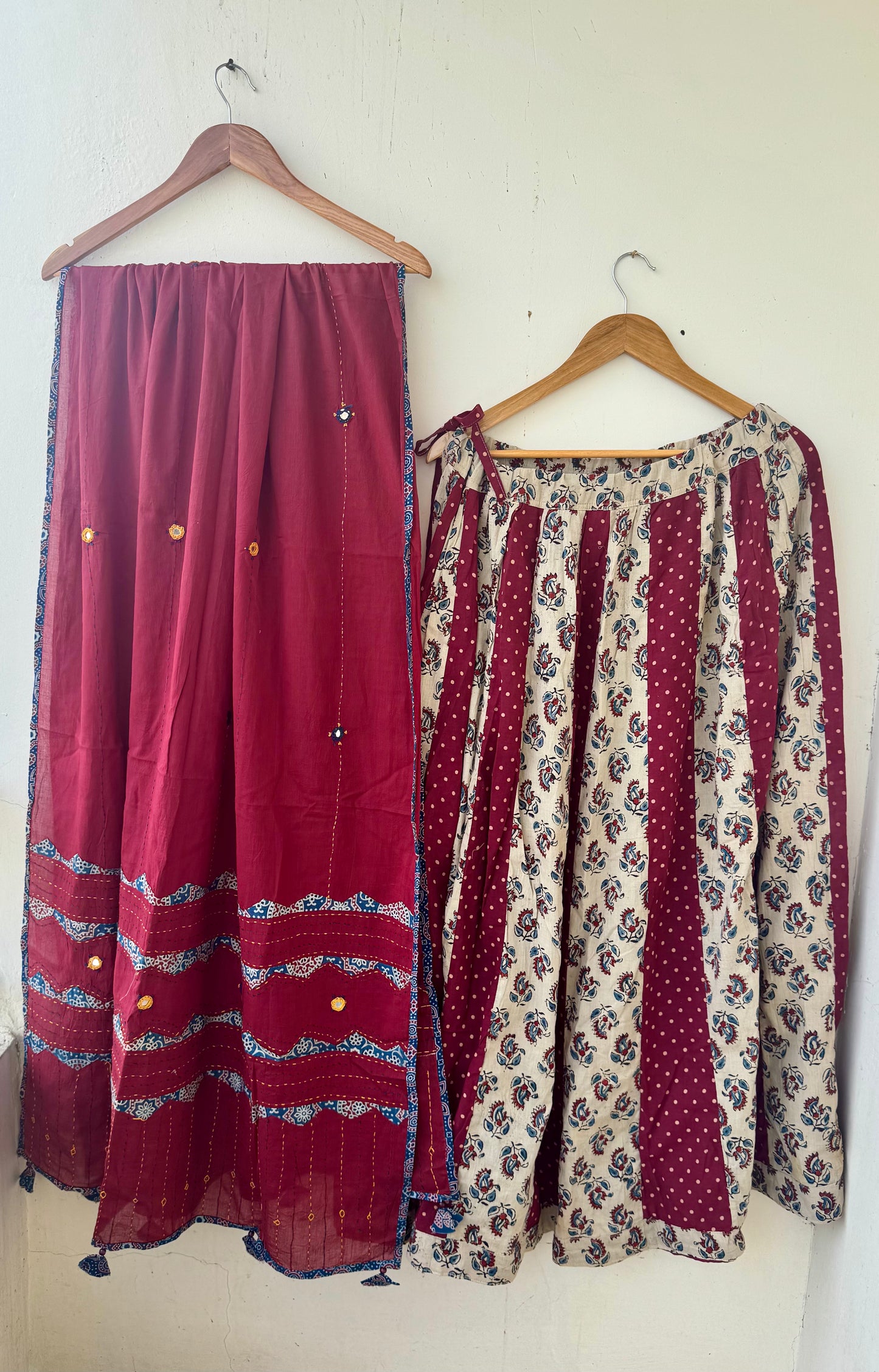 OffWhite Pure Cotton Ajrakh Skirt with Applique Ajrakh MirrorWork Dupatta