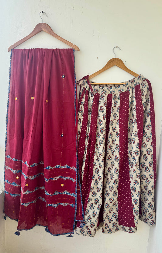 OffWhite Pure Cotton Ajrakh Skirt with Applique Ajrakh MirrorWork Dupatta