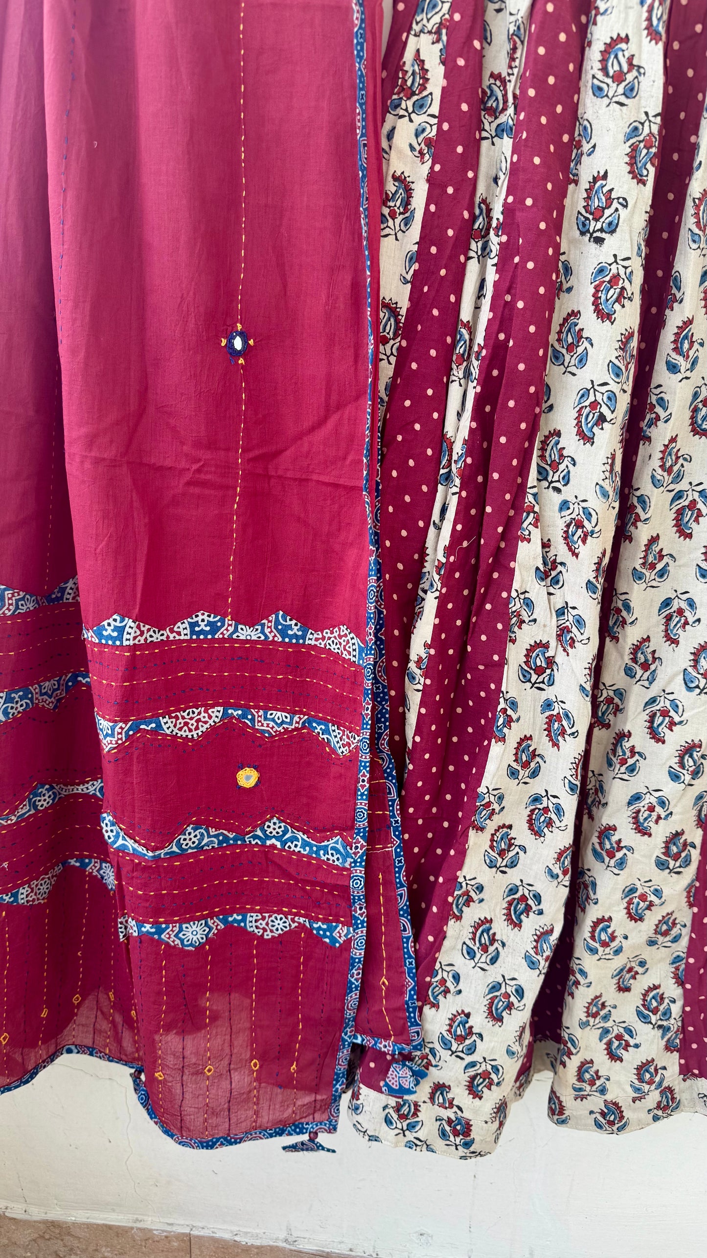 OffWhite Pure Cotton Ajrakh Skirt with Applique Ajrakh MirrorWork Dupatta