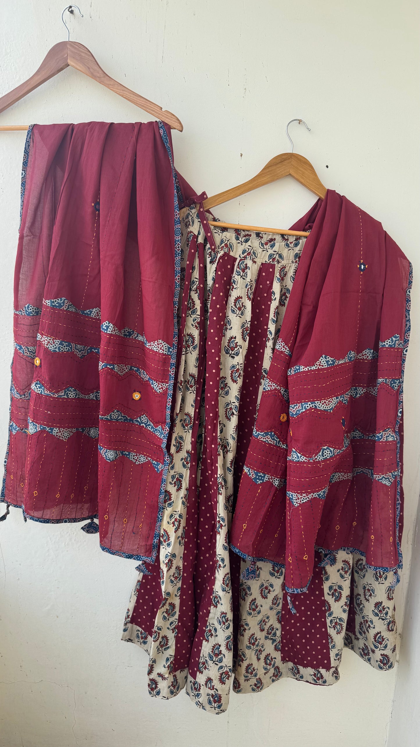 OffWhite Pure Cotton Ajrakh Skirt with Applique Ajrakh MirrorWork Dupatta