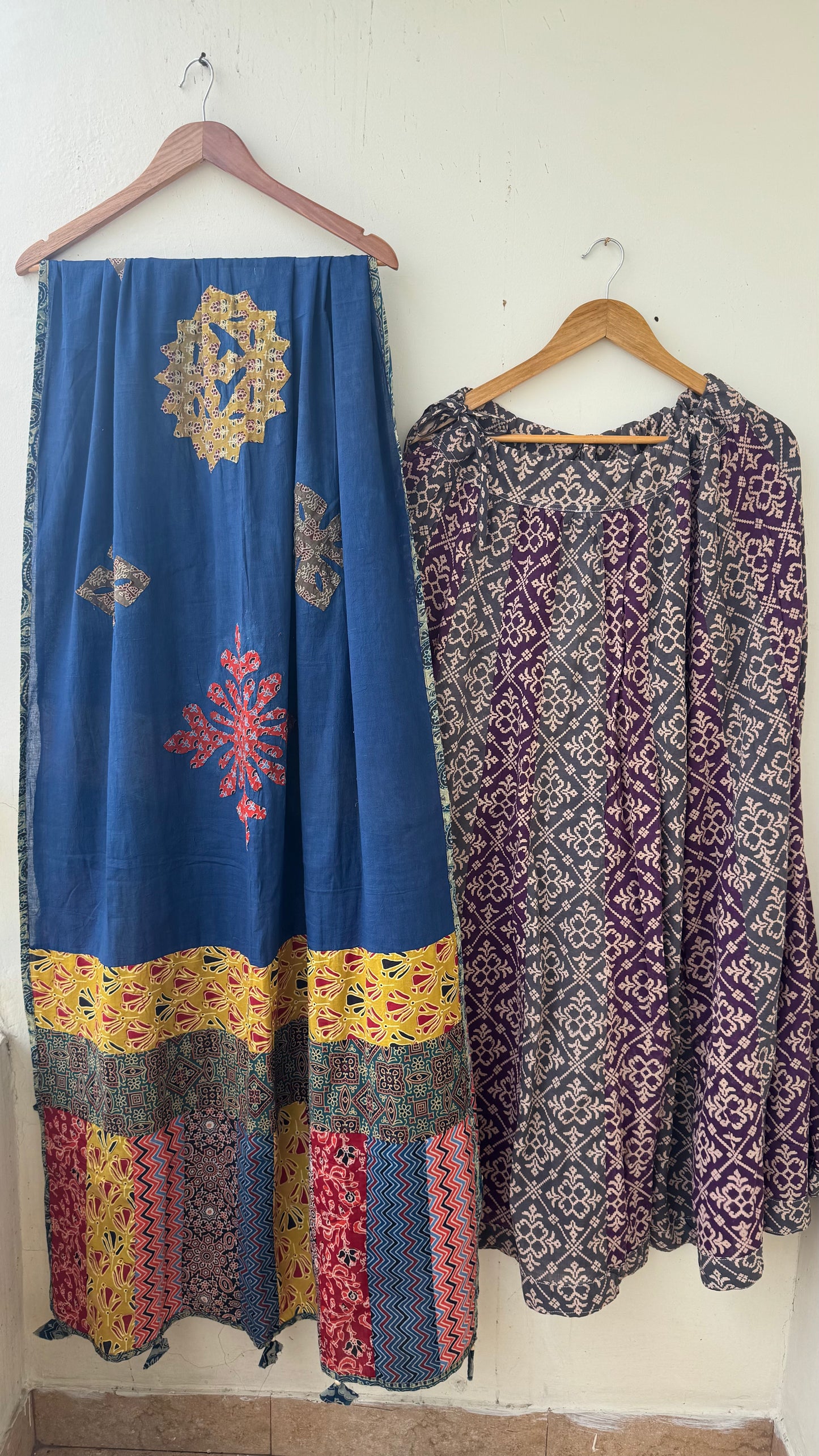 MultiShade Pure Cotton Ajrakh Skirt with Applique Ajrakh PatchWork Dupatta