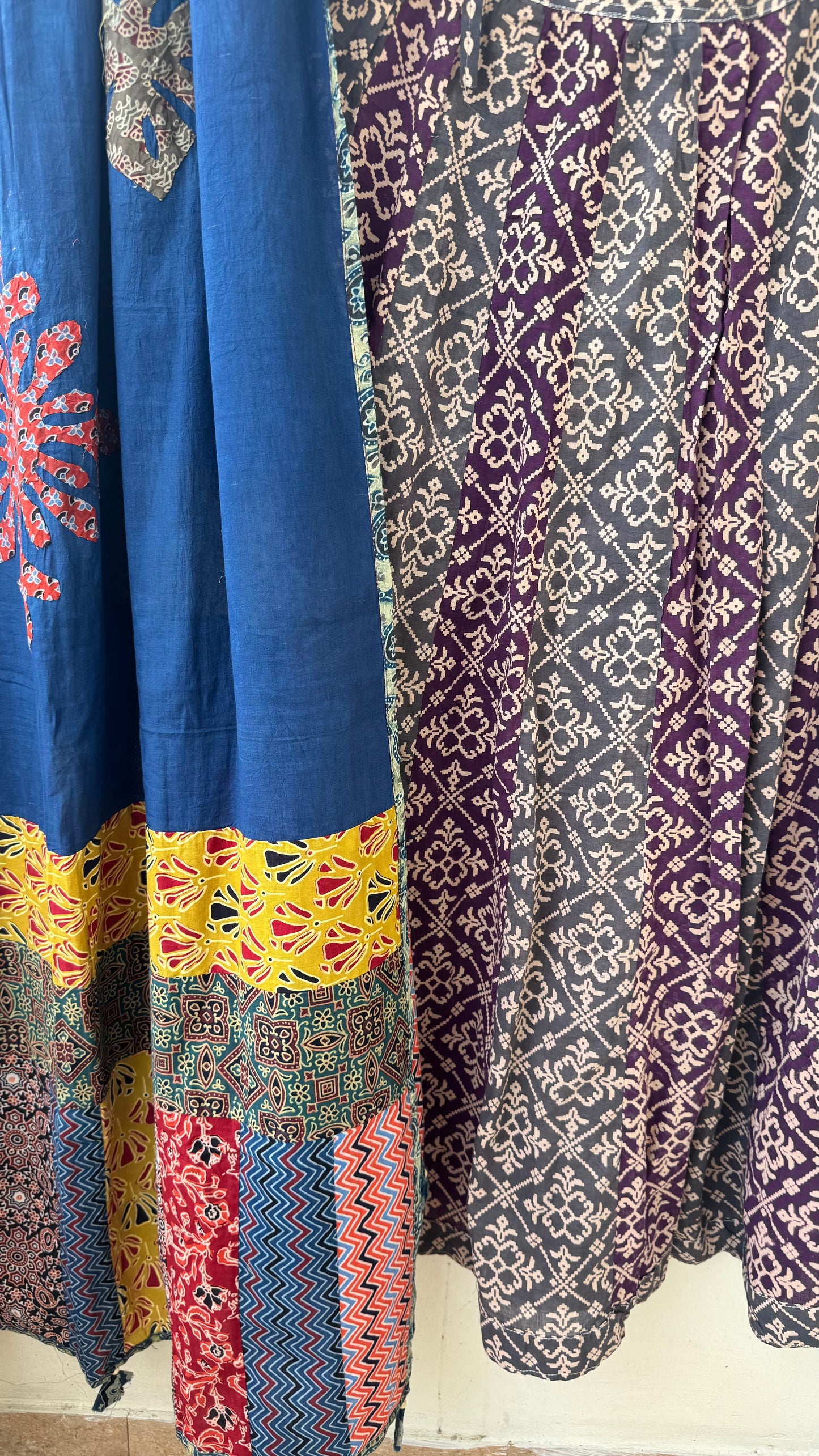 MultiShade Pure Cotton Ajrakh Skirt with Applique Ajrakh PatchWork Dupatta