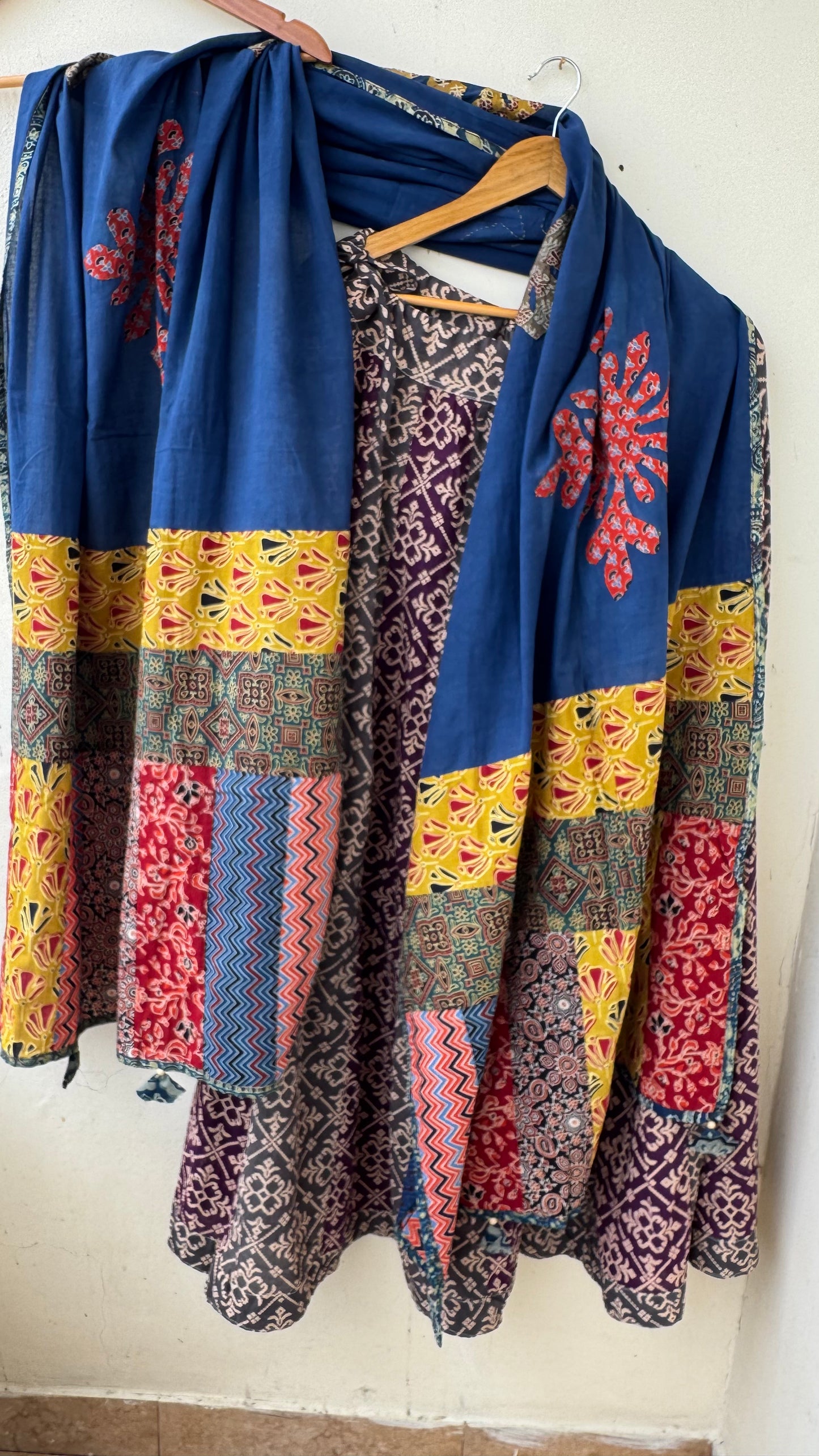 MultiShade Pure Cotton Ajrakh Skirt with Applique Ajrakh PatchWork Dupatta