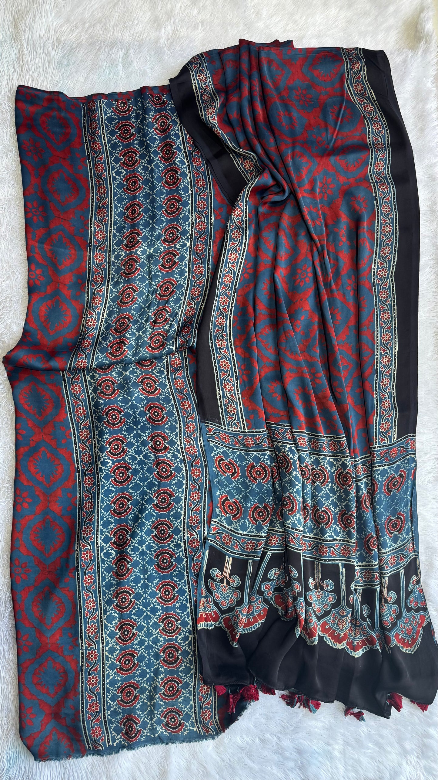 Indigo Grey Diamond Jaal Motif Modal Silk Kurta with Ajrakh Modal Dupatta