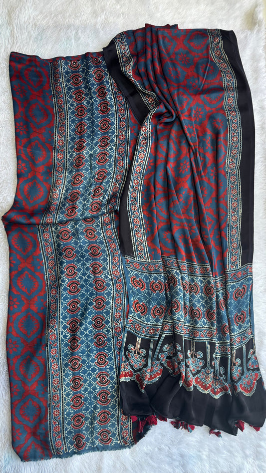 Indigo Grey Diamond Jaal Motif Modal Silk Kurta with Ajrakh Modal Dupatta