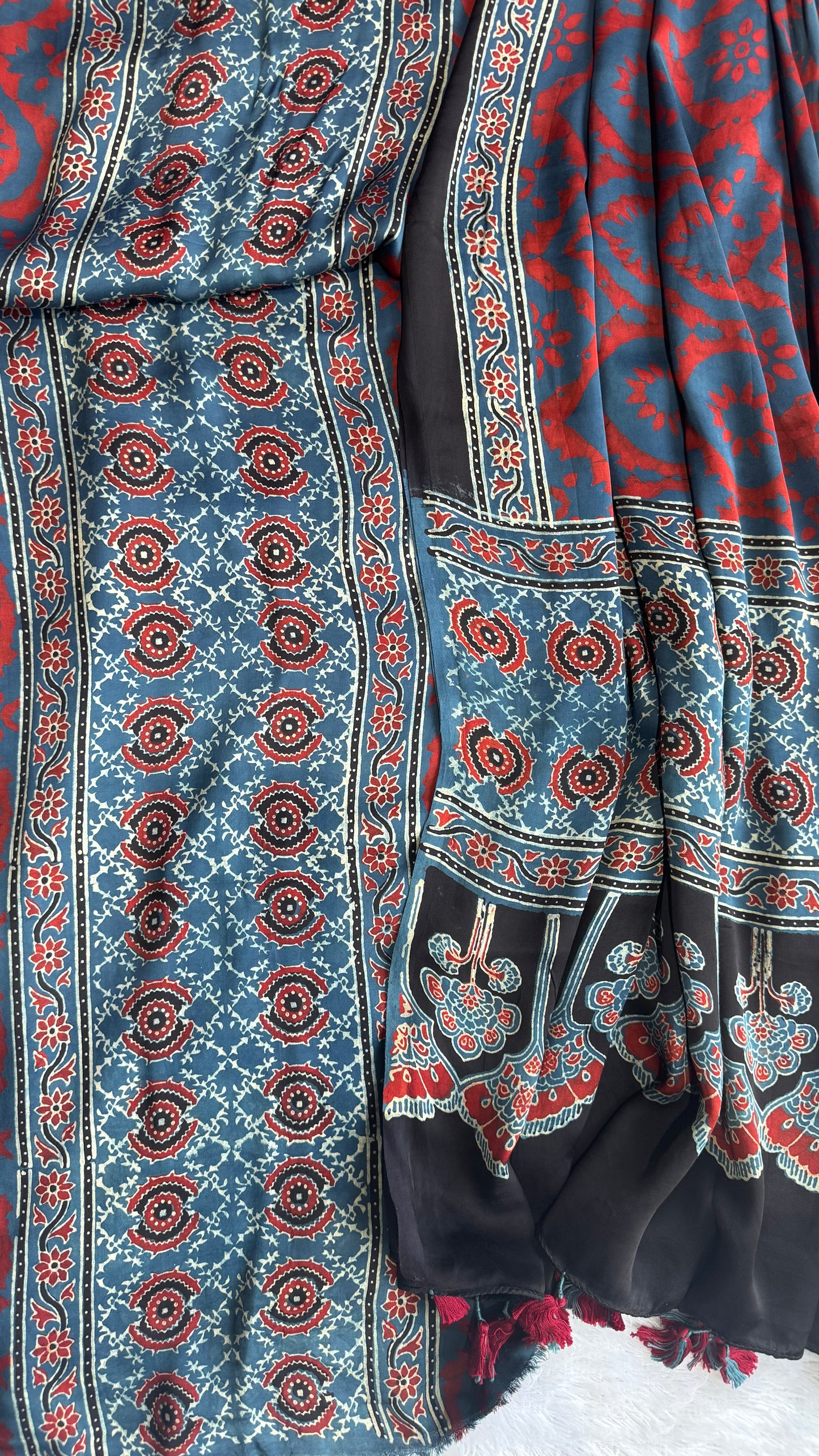 Indigo Grey Diamond Jaal Motif Modal Silk Kurta with Ajrakh Modal Dupatta