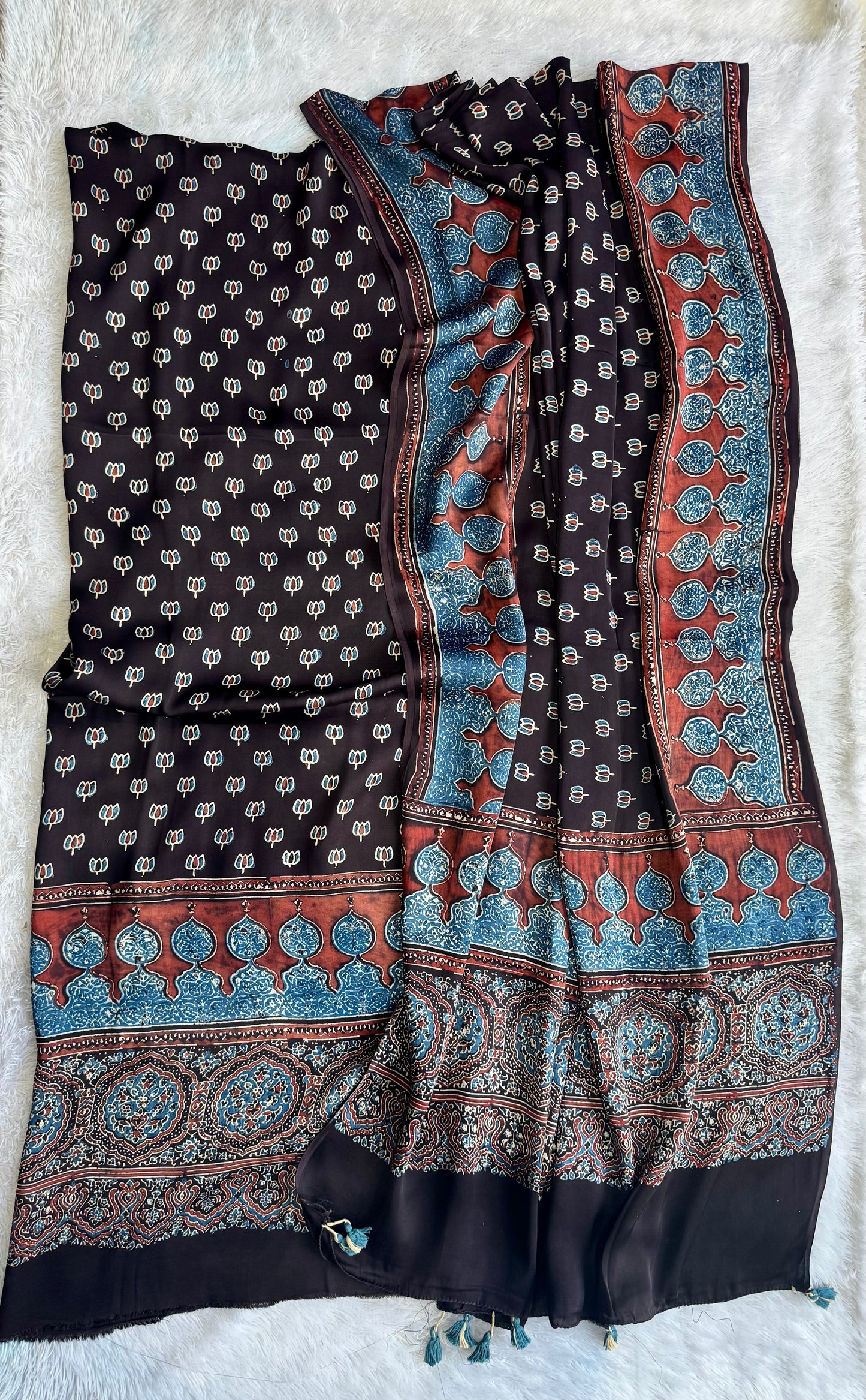 Black Shade Chota Kamal Buta Modal Silk Kurta with Ajrakh Modal Dupatta