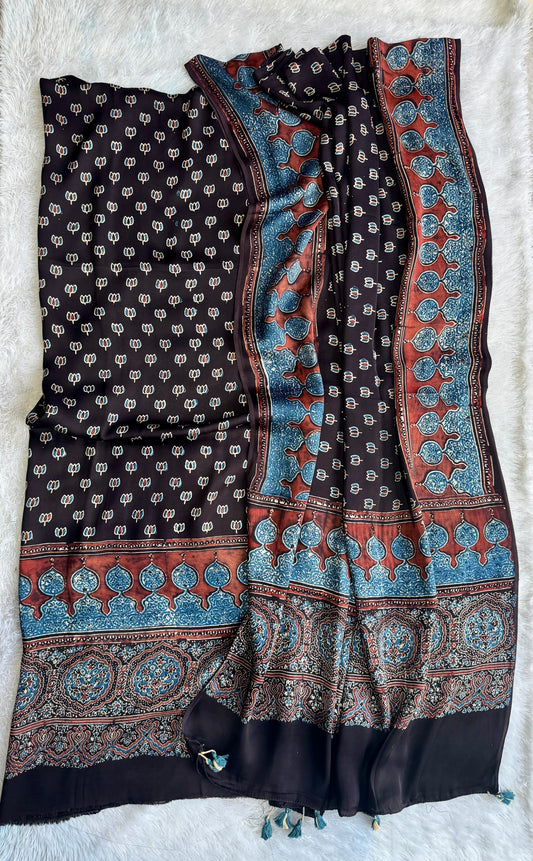 Black Shade Chota Kamal Buta Modal Silk Kurta with Ajrakh Modal Dupatta