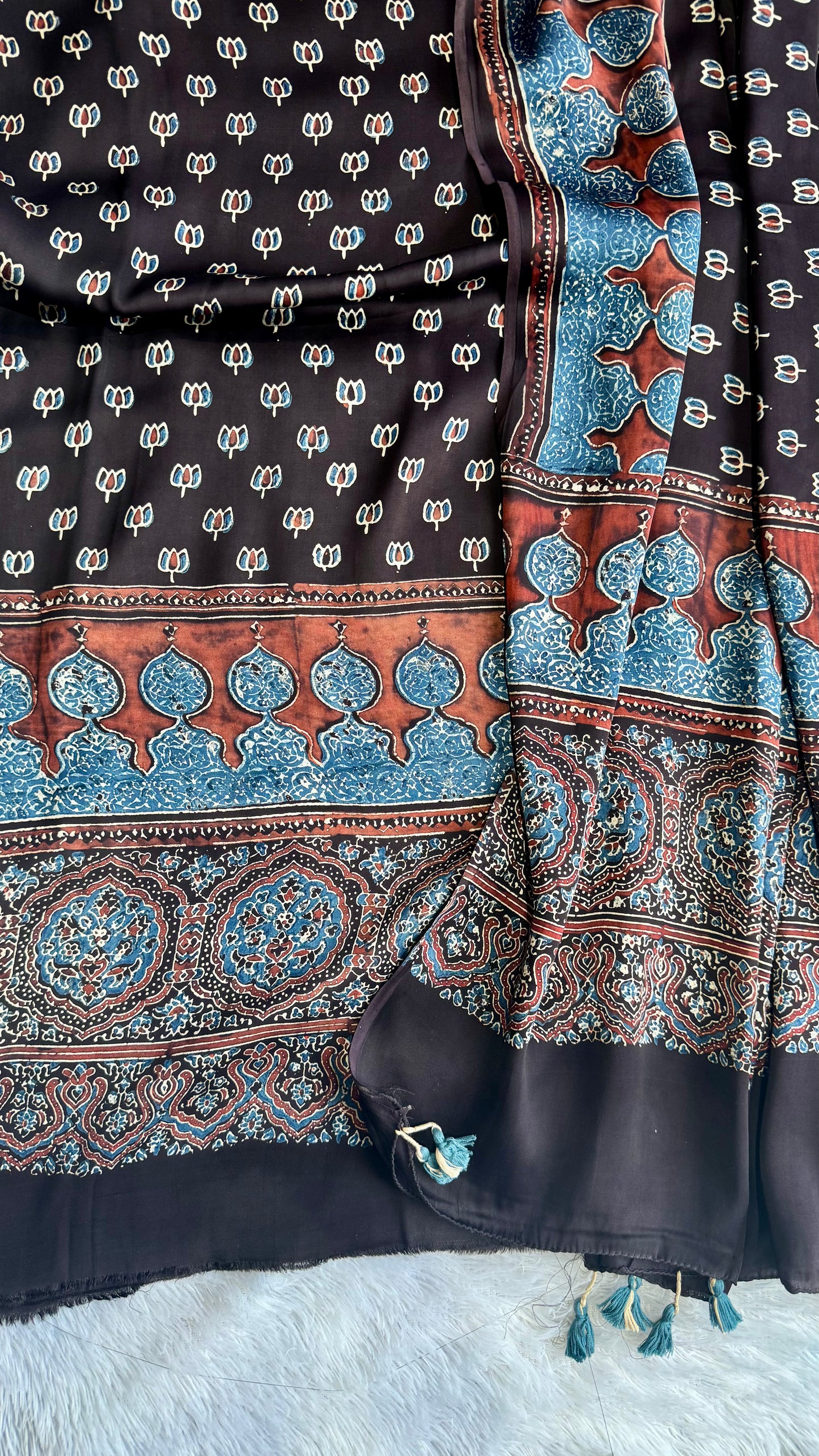 Black Shade Chota Kamal Buta Modal Silk Kurta with Ajrakh Modal Dupatta