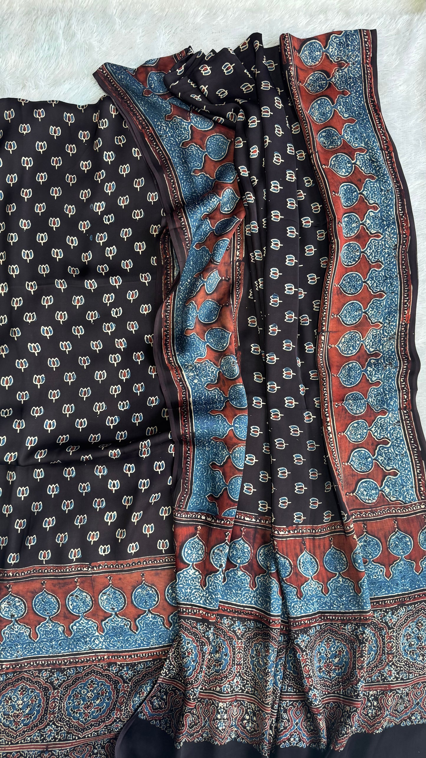 Black Shade Chota Kamal Buta Modal Silk Kurta with Ajrakh Modal Dupatta