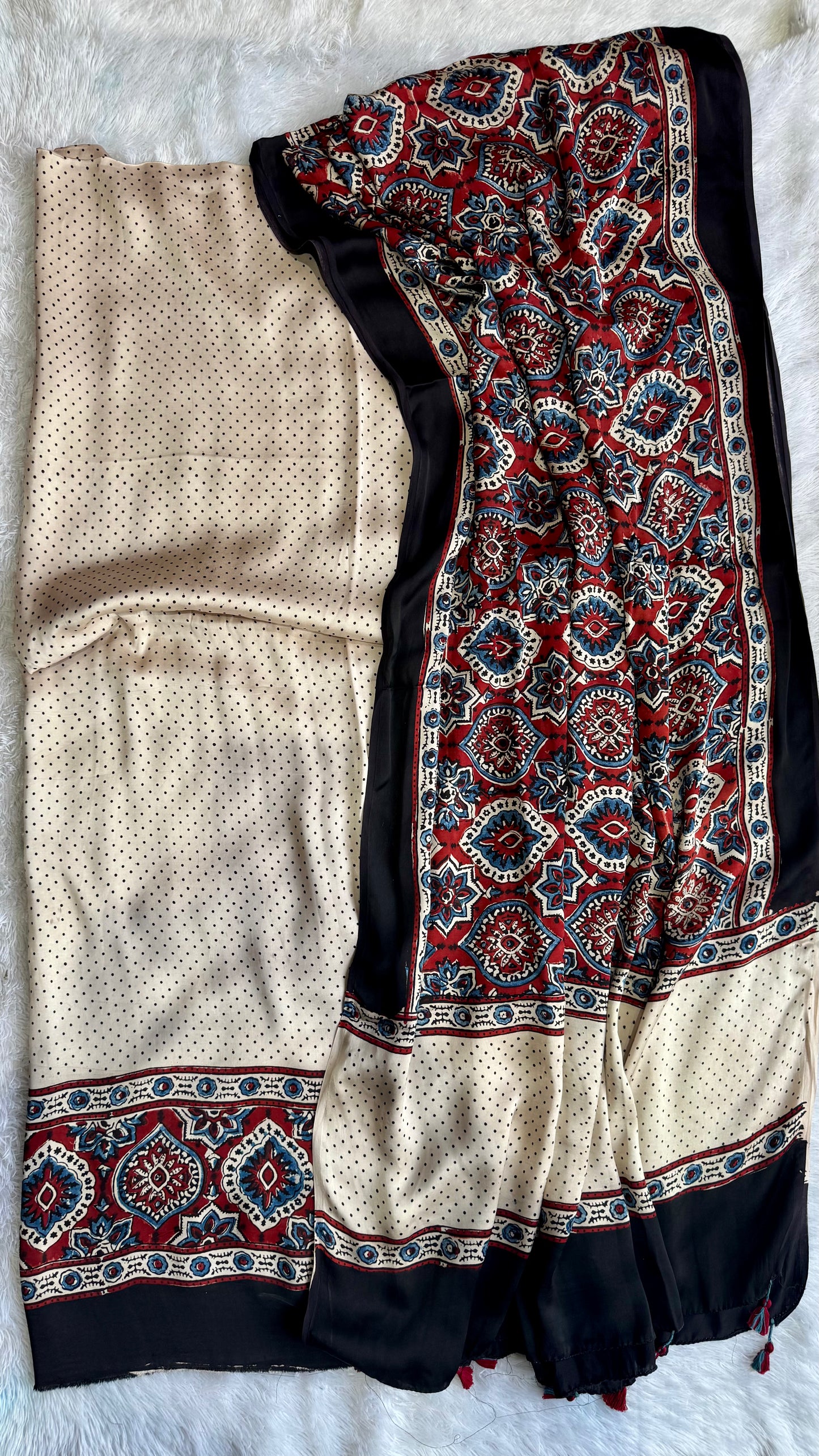 Off White Polka Dots Motif Modal Silk Kurta with Ajrakh Modal Dupatta