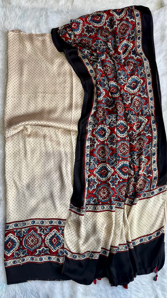 Off White Polka Dots Motif Modal Silk Kurta with Ajrakh Modal Dupatta
