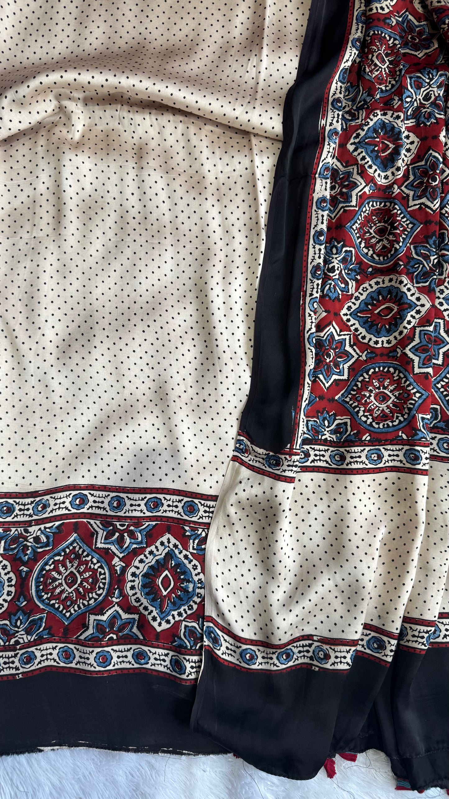 Off White Polka Dots Motif Modal Silk Kurta with Ajrakh Modal Dupatta