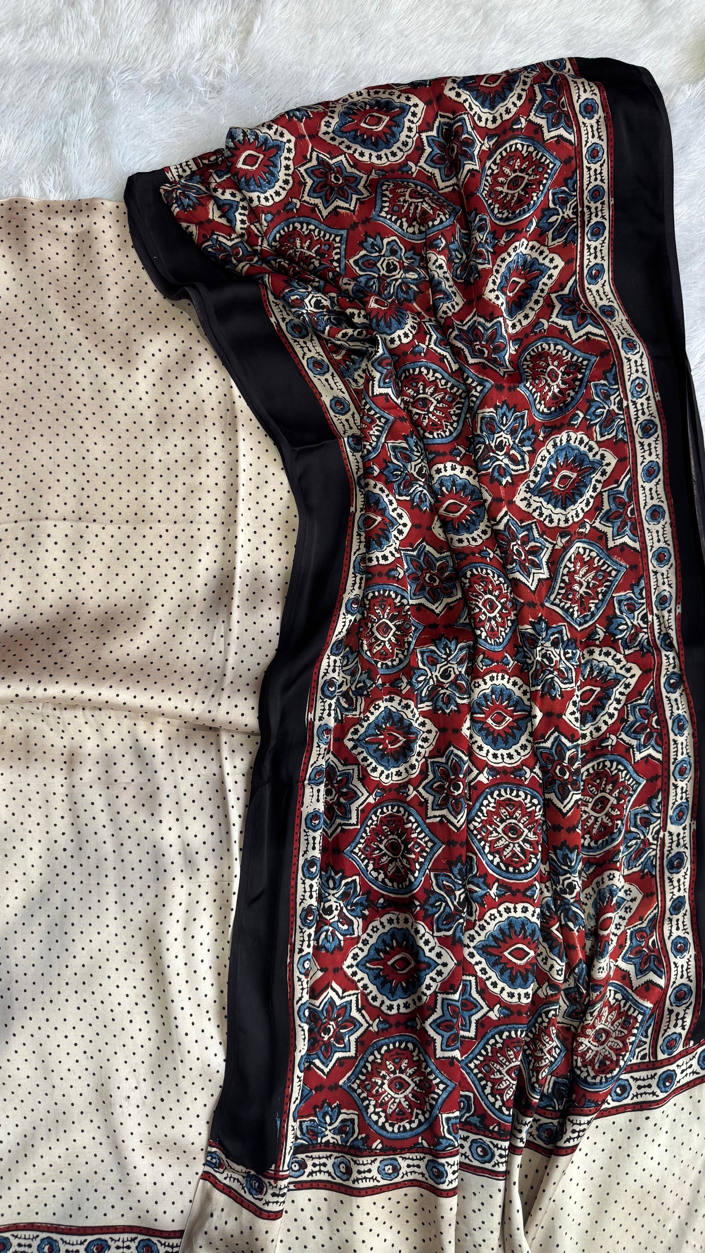 Off White Polka Dots Motif Modal Silk Kurta with Ajrakh Modal Dupatta