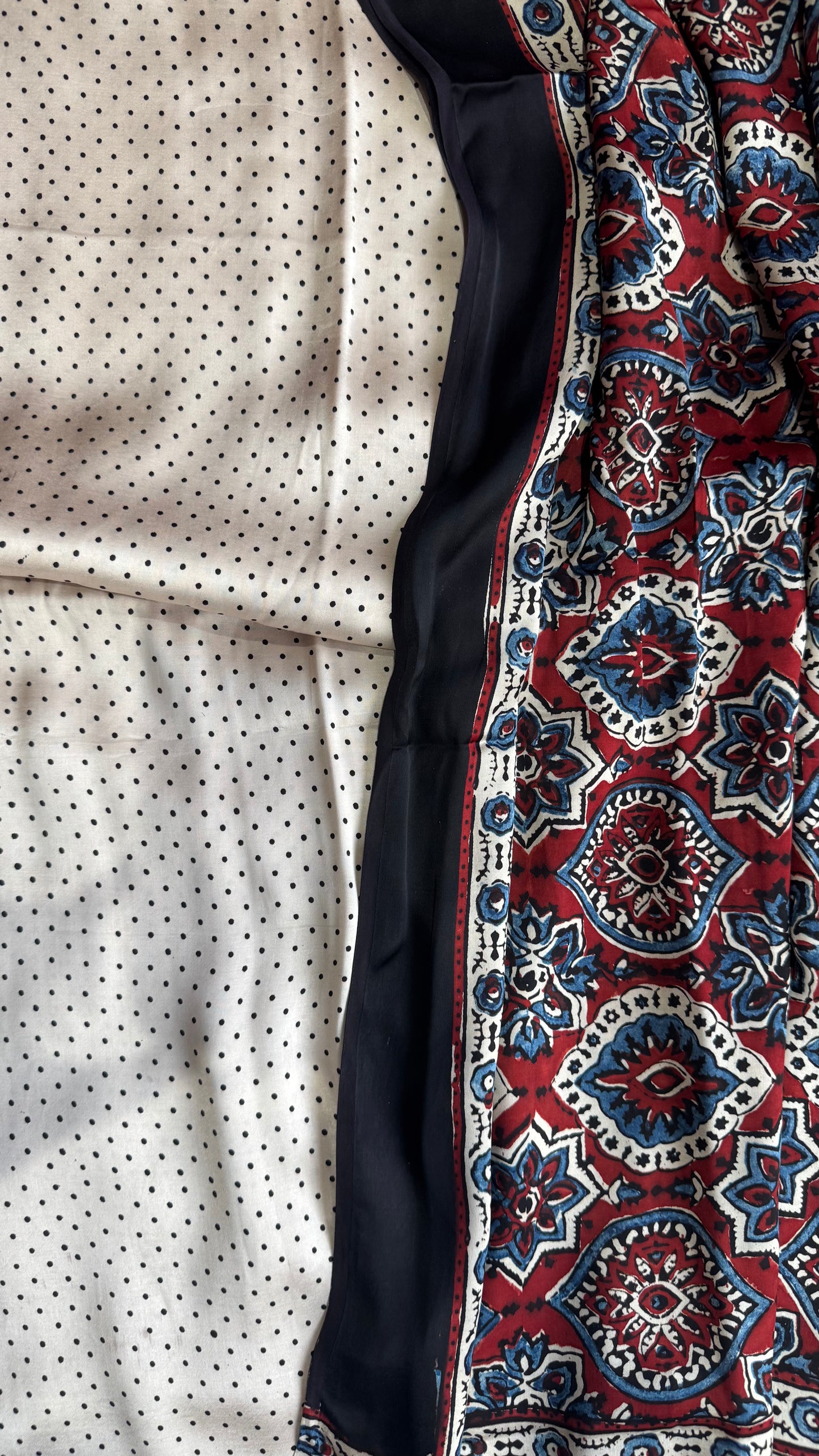 Off White Polka Dots Motif Modal Silk Kurta with Ajrakh Modal Dupatta
