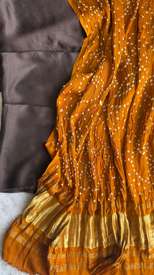 Dark Brown Modal Kurta with Bandhej Modal Silk Lagdi Patti Dupatta-2Pc