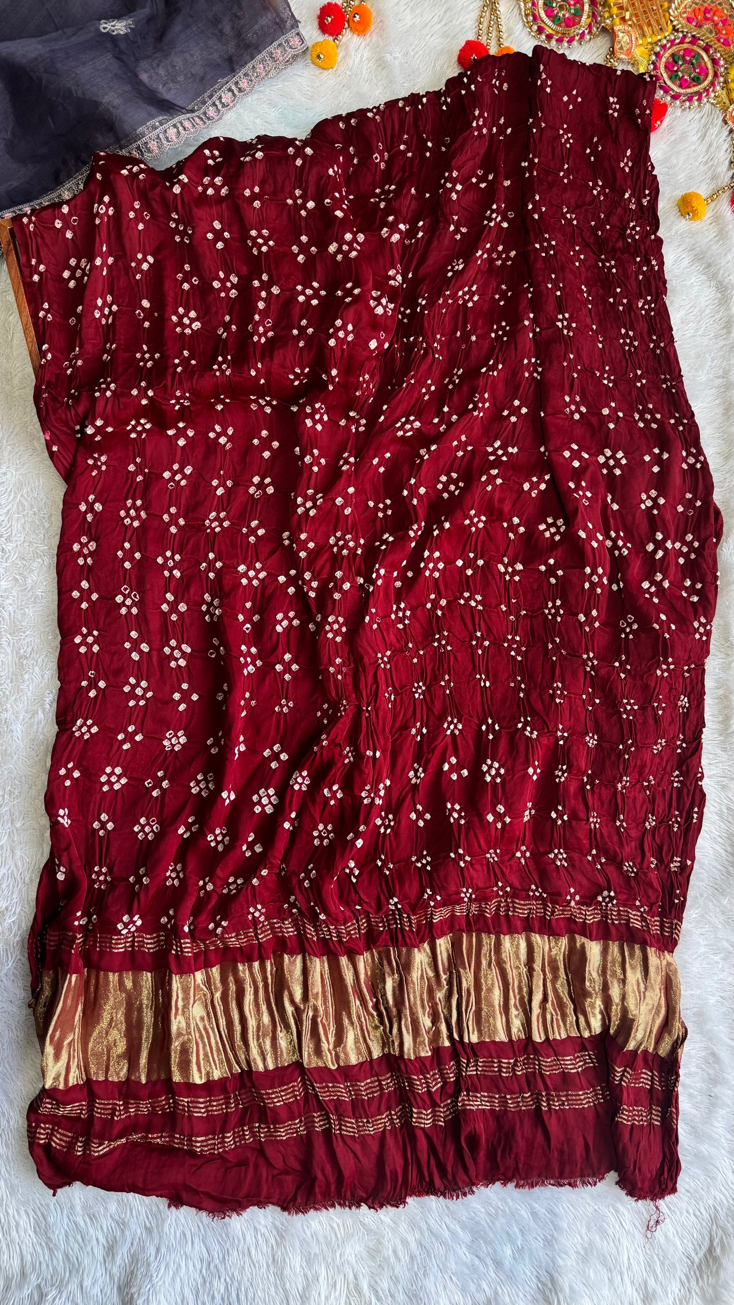 Deep Maroon Shade Bandhej Modal Silk Dupatta with Lagdi Patti