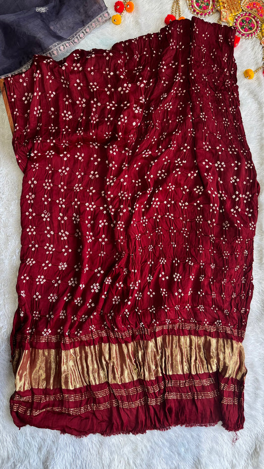 Deep Maroon Shade Bandhej Modal Silk Dupatta with Lagdi Patti