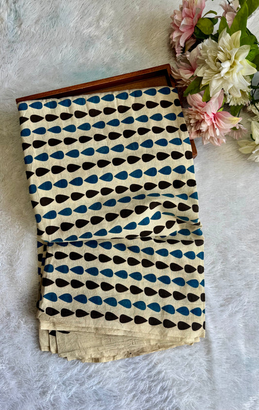 Offwhite Tear Drop Motif Ajrakh Hand Blocked Natural Dyed Cotton Fabric