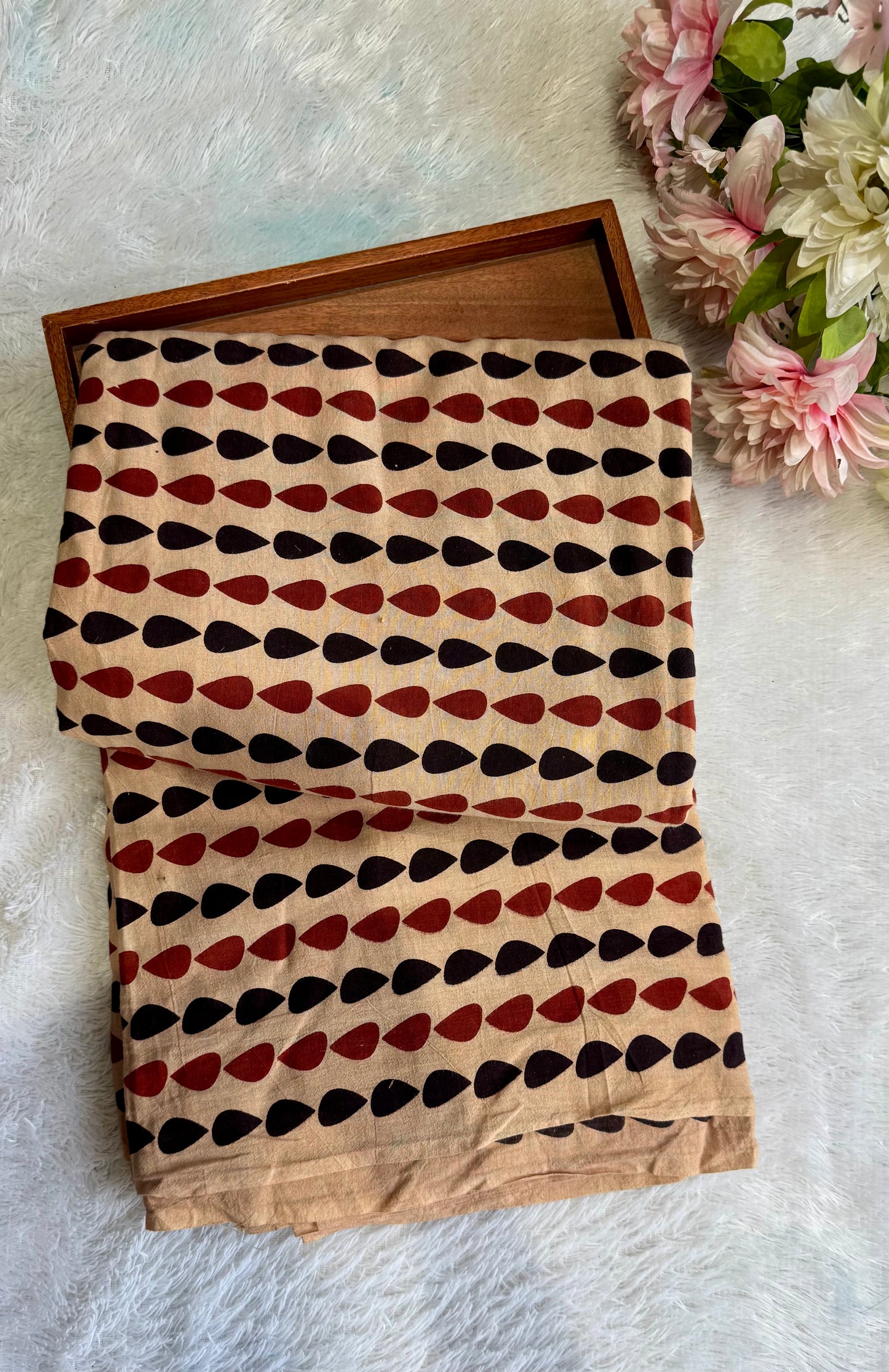 Beige Shade Tear Drop Motif Ajrakh Hand Blocked Natural Dyed Cotton Fabric