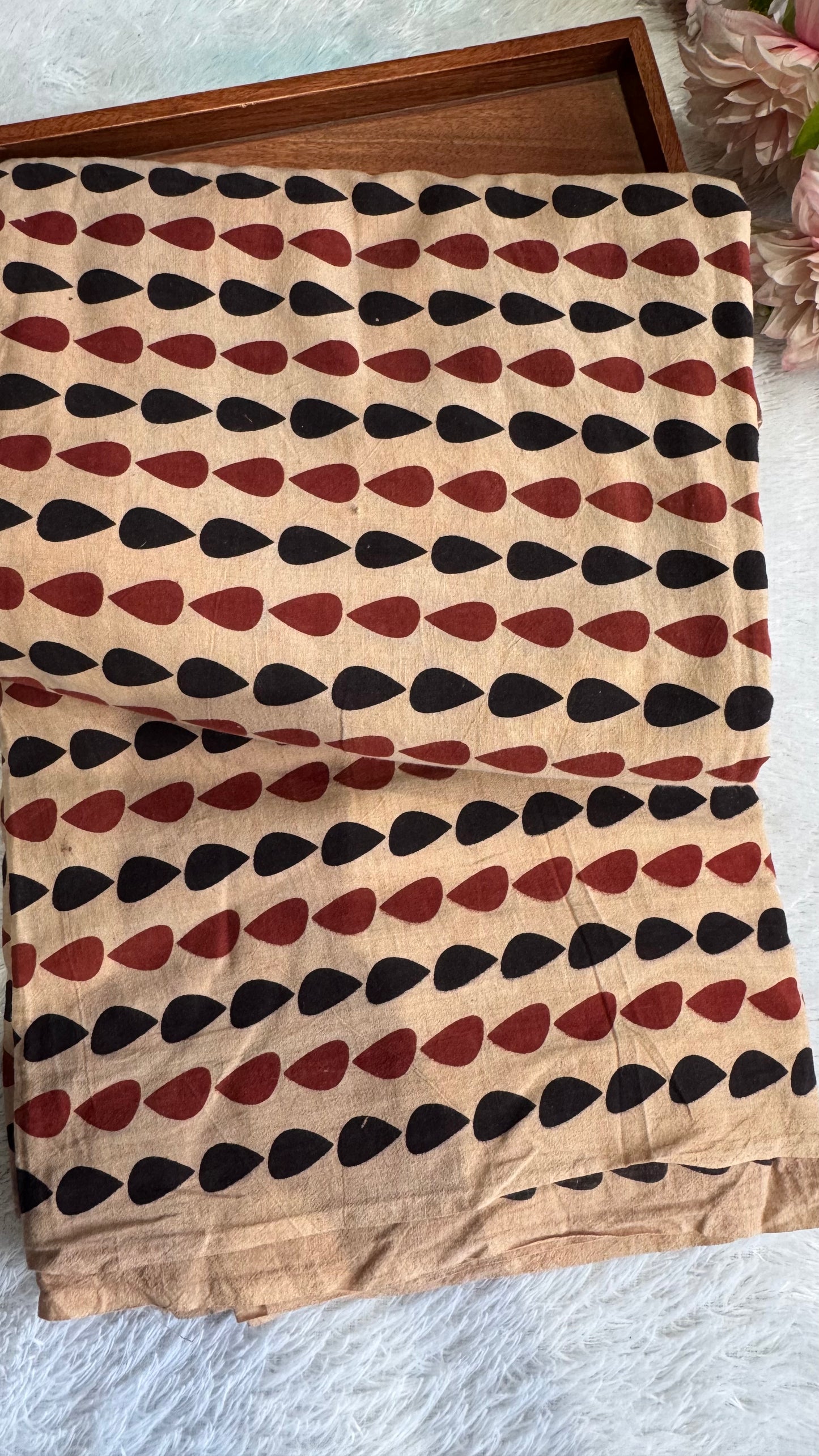 Beige Shade Tear Drop Motif Ajrakh Hand Blocked Natural Dyed Cotton Fabric